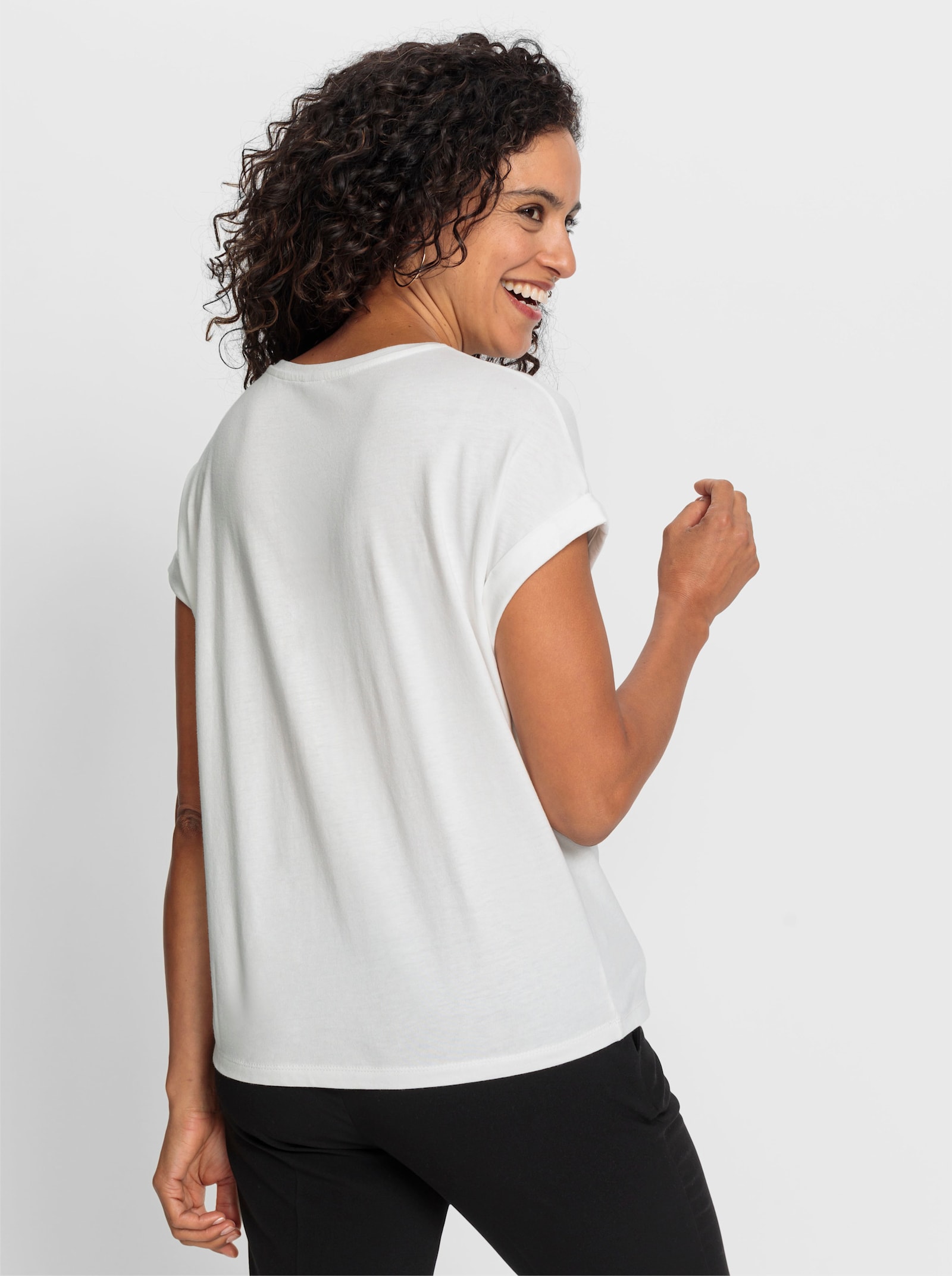 Shirt met ronde hals en paillettenbloemen - ecru