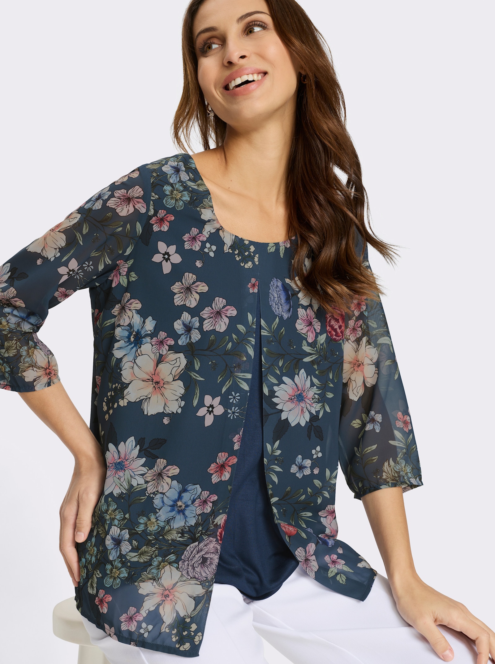 Druckbluse in 2-in-1-Optik - dunkelblau-orchidee-bedruckt