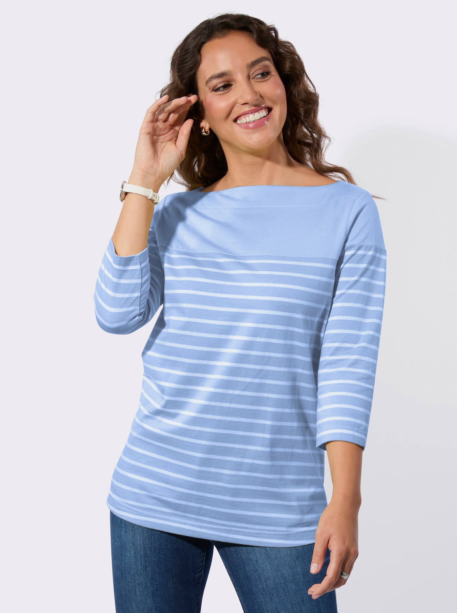 Ringelshirt mit 3/4 Ärmeln - eisblau-ecru-geringelt