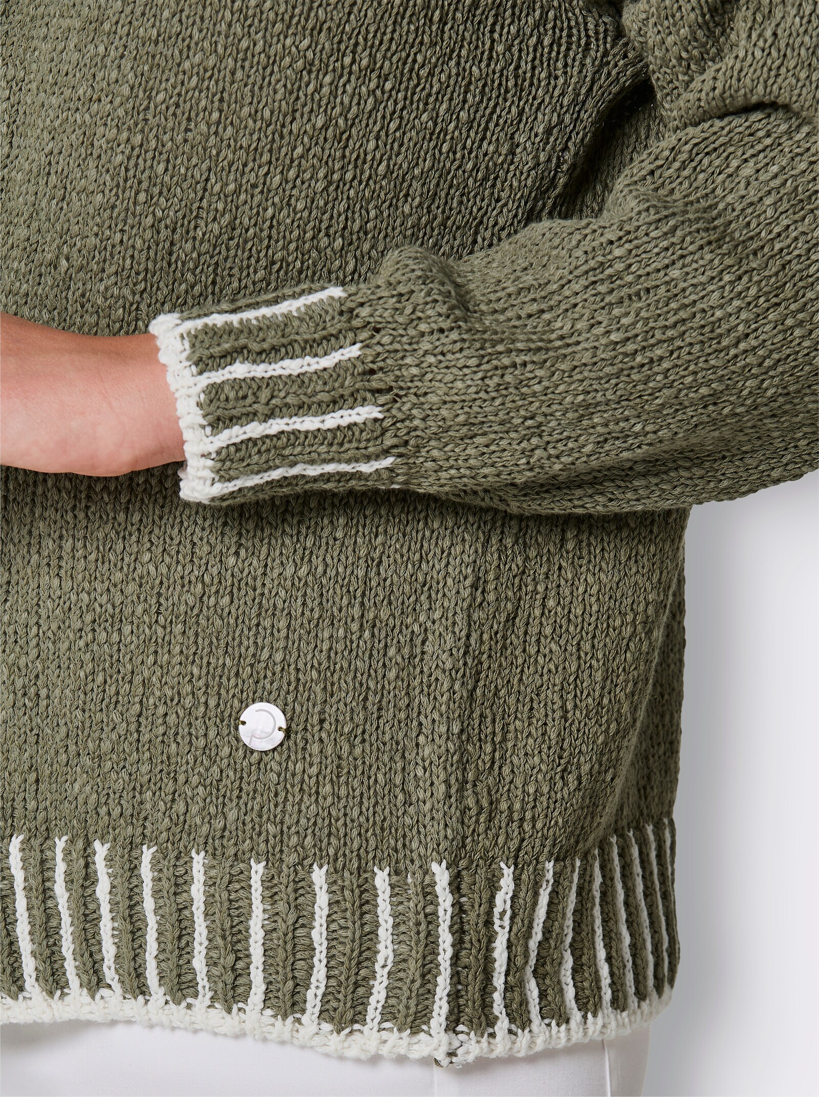 CREATION L PREMIUM Strickjacke mit Kontrast-Streifen - khaki