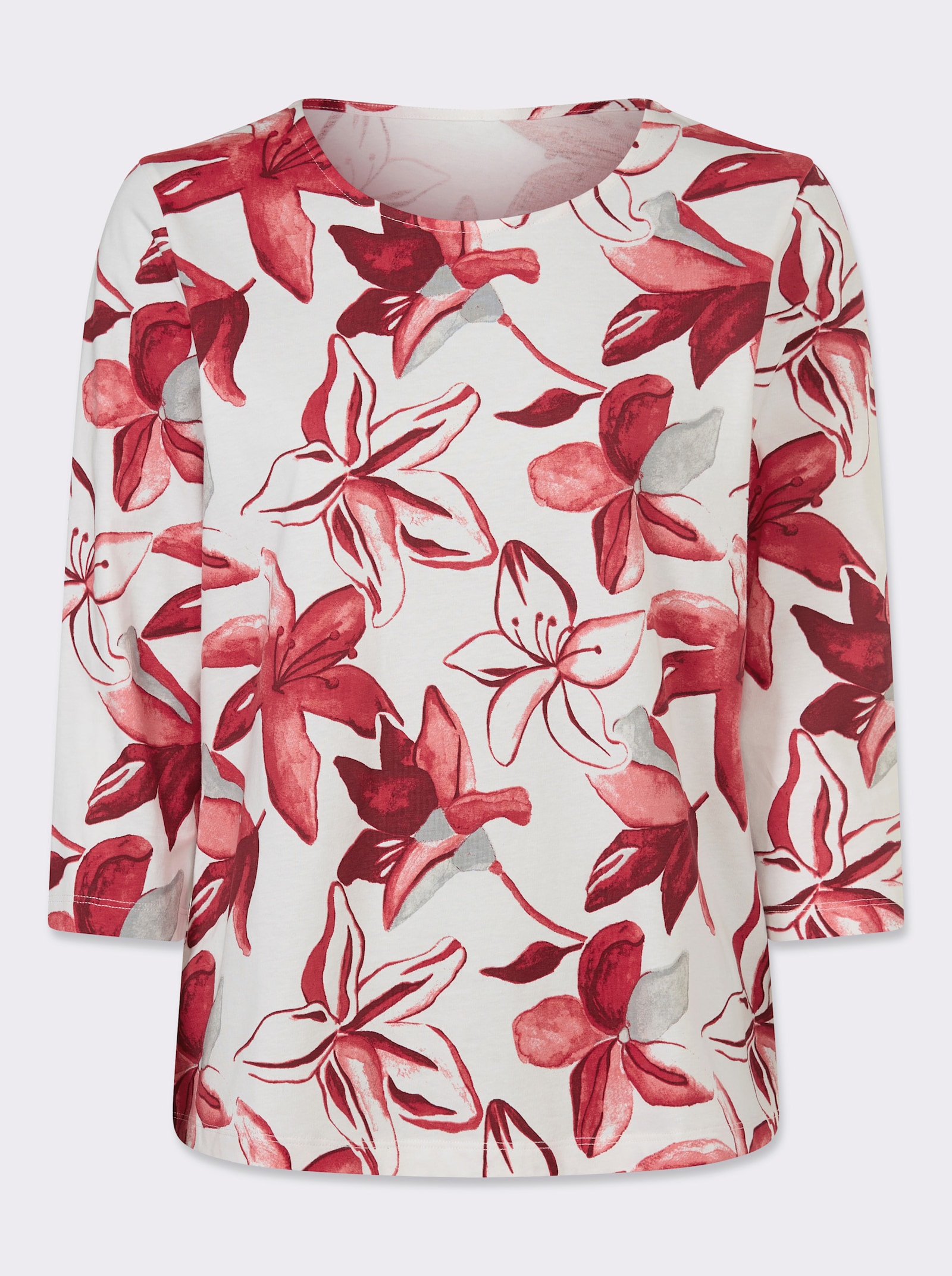 3/4-Arm-Shirt mit floralem Allover-Muster - ecru-rot-bedruckt
