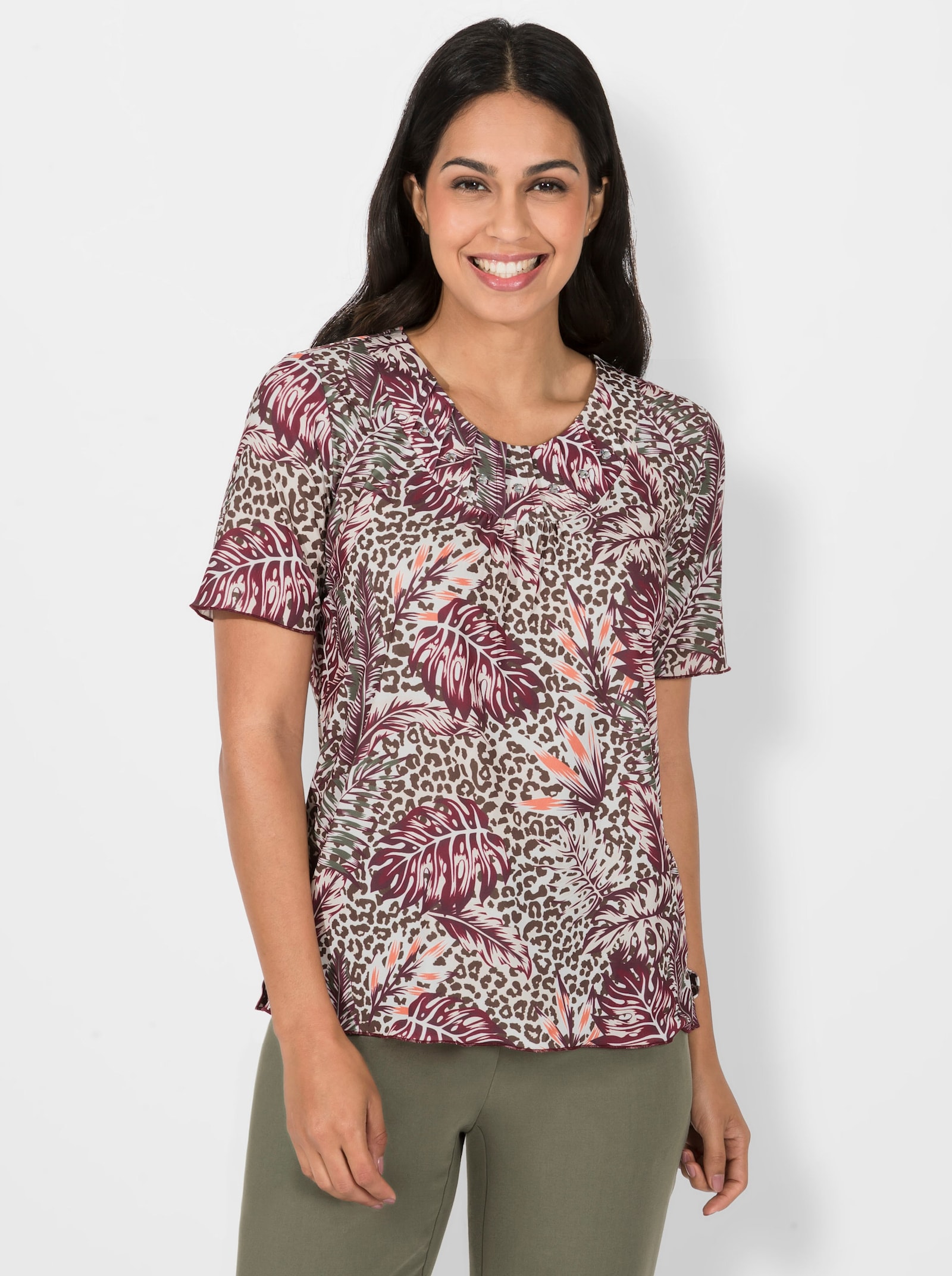 Rundhalsshirt im Muster-Mix - ecru-bordeaux-bedruckt