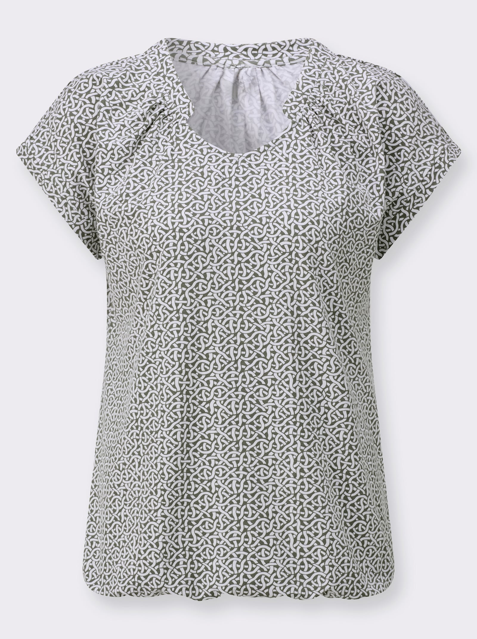 Kurzarmshirt mit kleinen Raffungen - khaki-ecru-bedruckt