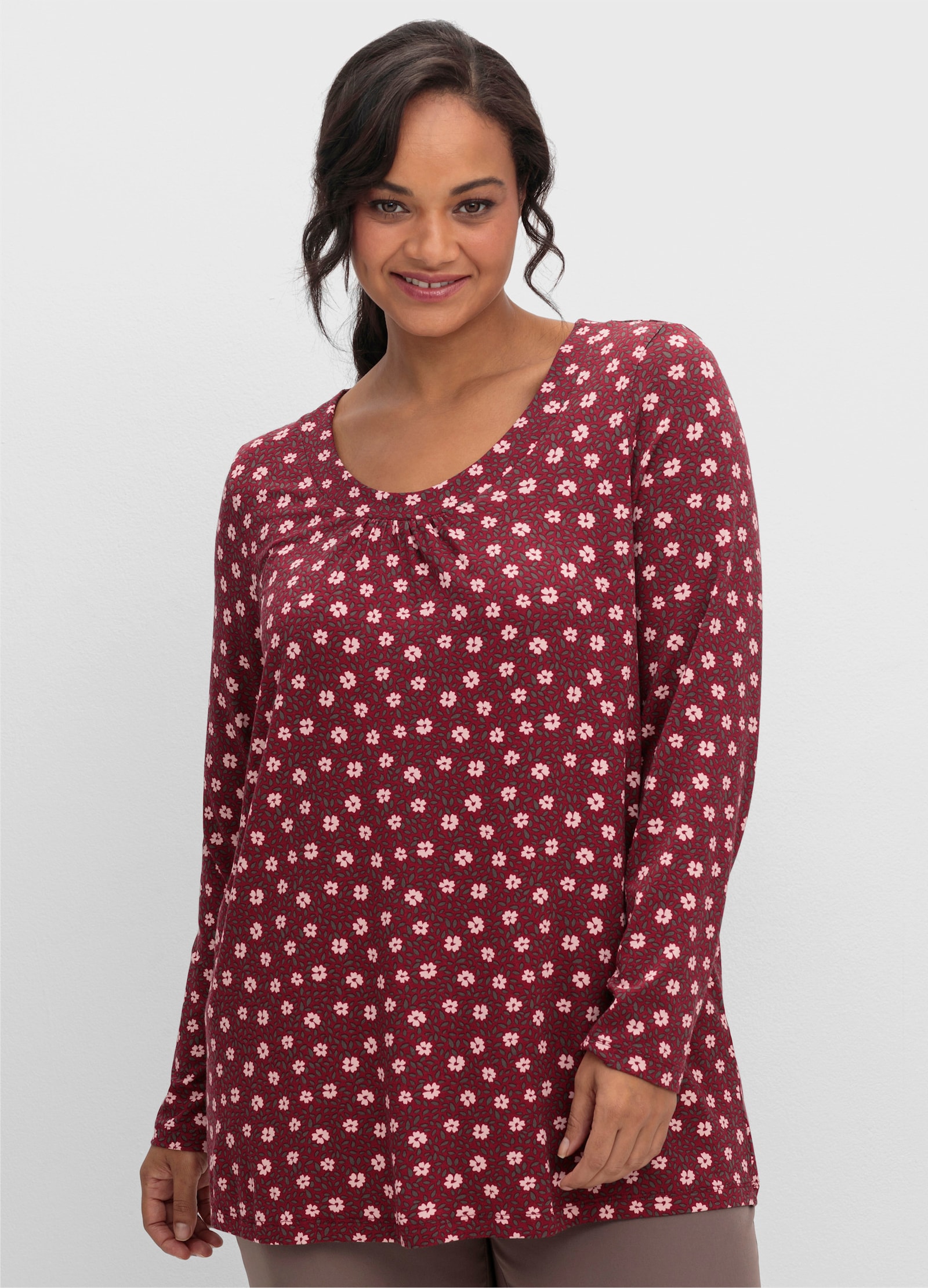 Tunikashirt in A-Form - dunkelrot-rosenquarz-bedruckt