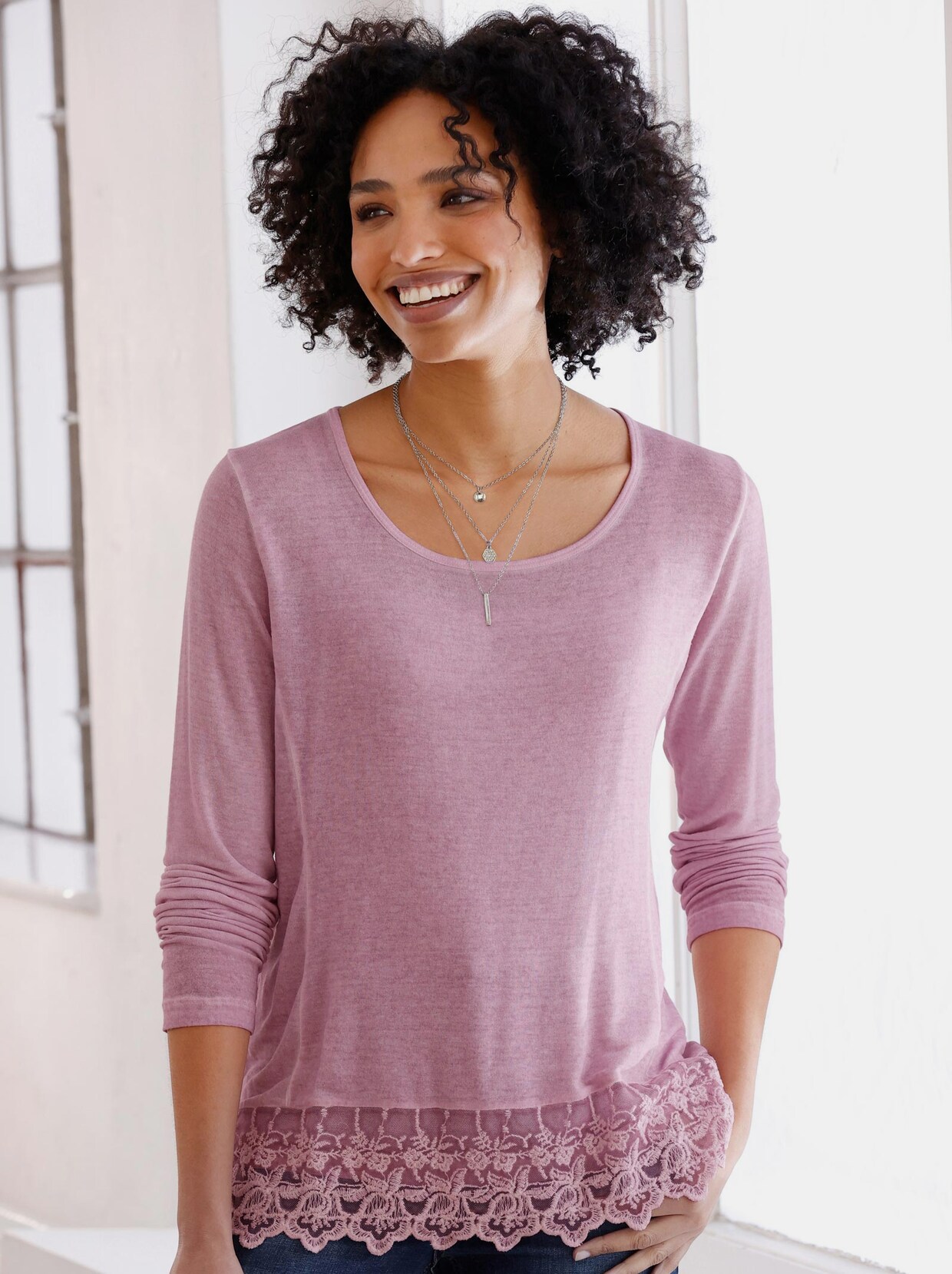 Linea Tesini Rundhals-Shirt - mauve-meliert