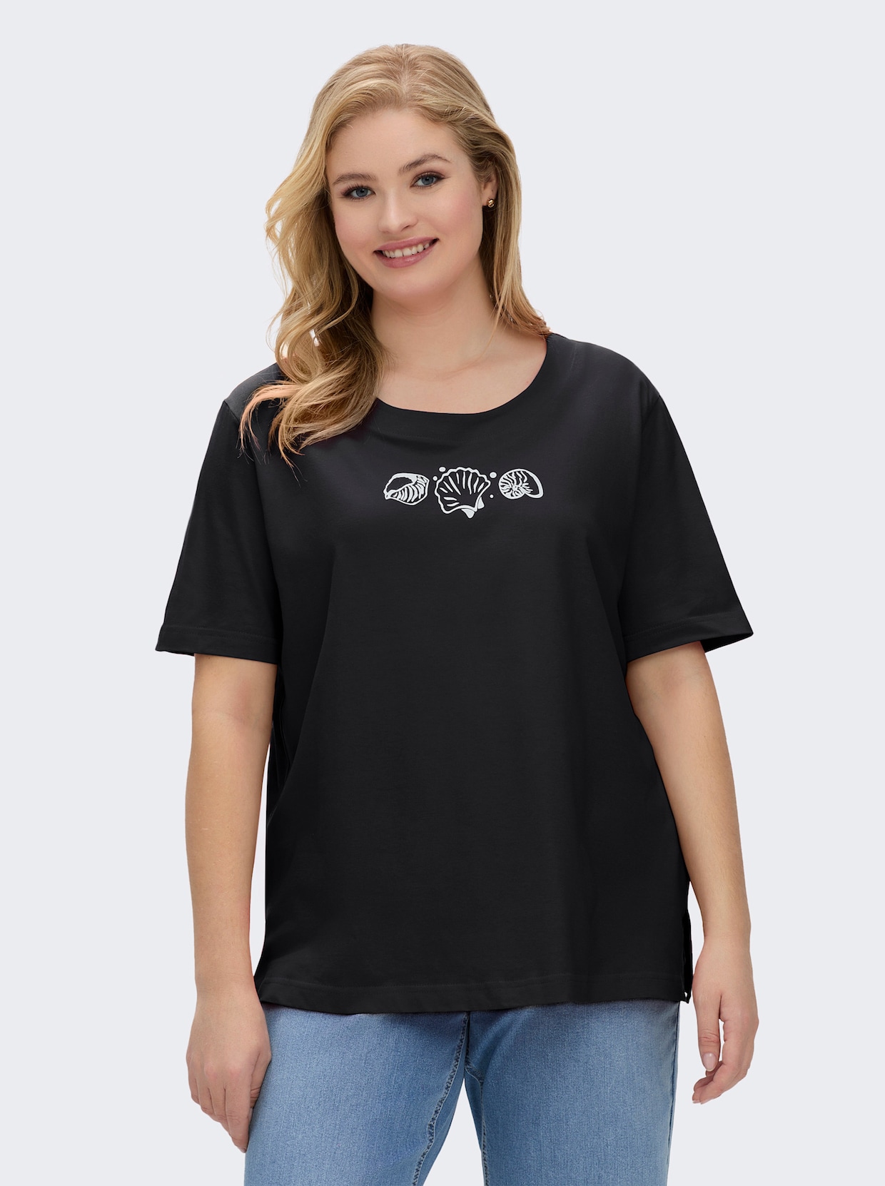 Kurzarmshirt mit Muschel-Druck - schwarz