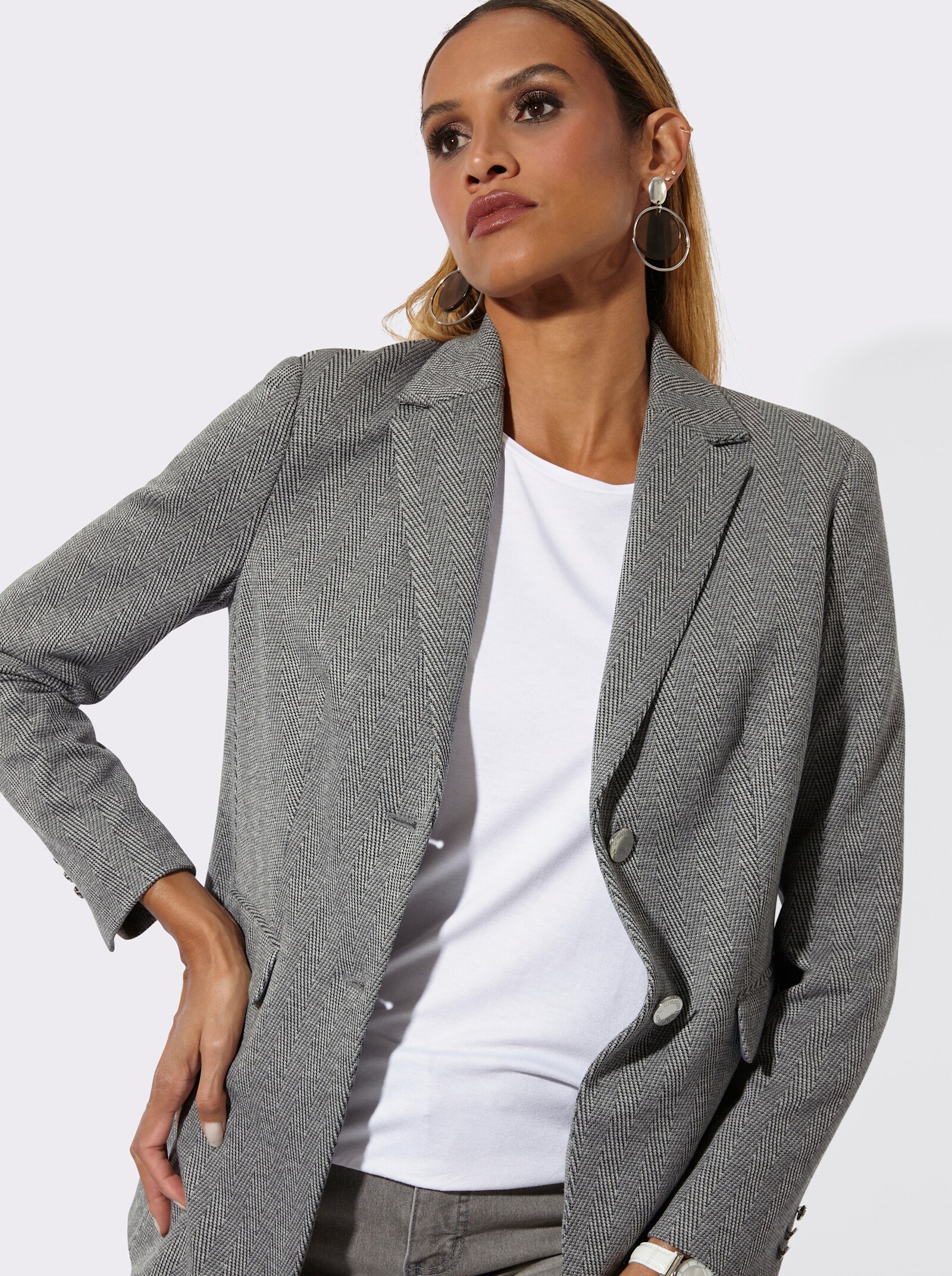 Jerseyblazer im Fischgrat-Dessin - grau-anthrazit-gemustert