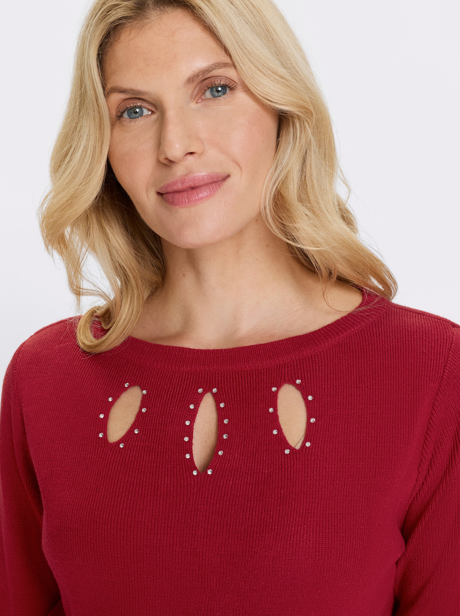 3/4 Arm-Pullover mit Glitzersteinchen - rot