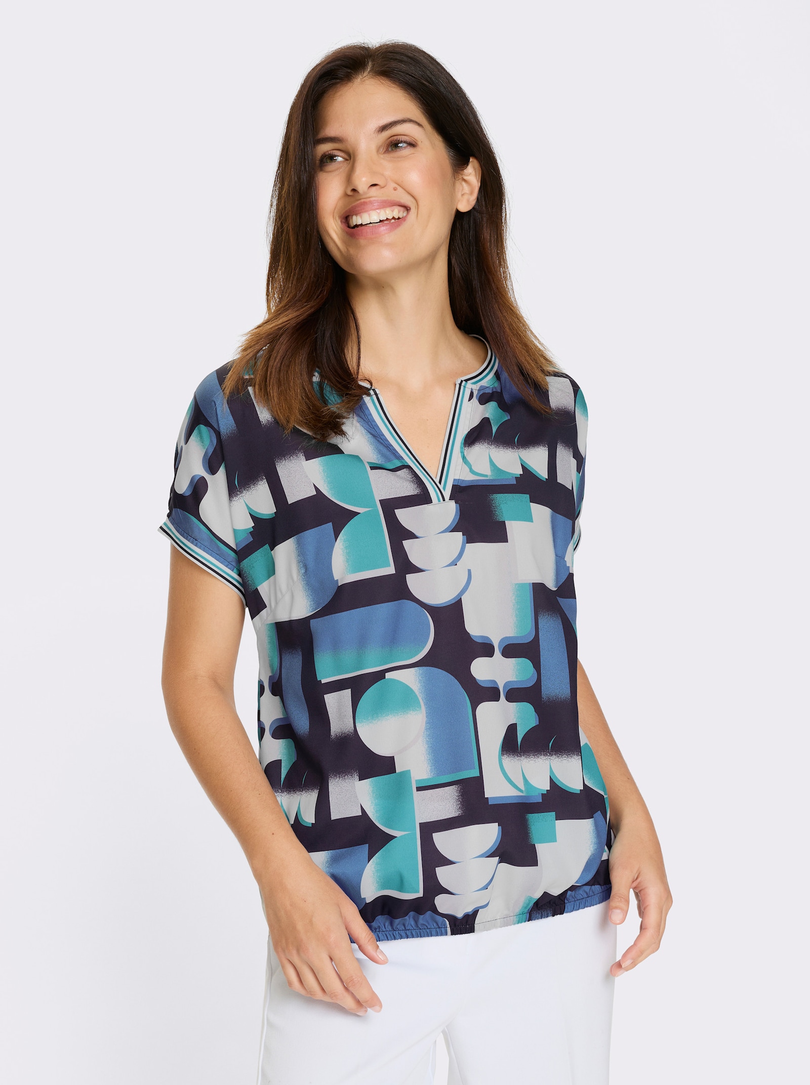 Schlupfbluse im Grafik-Dessin - türkis-schwarz-bedruckt