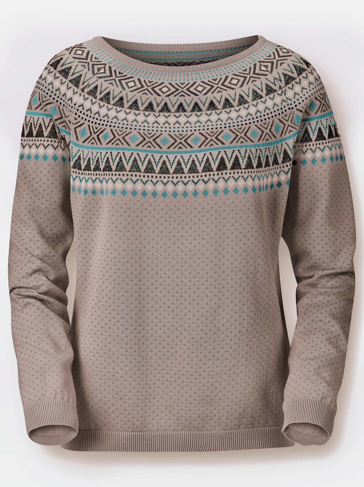 Norwegerpullover - taupe-petrol-gemustert