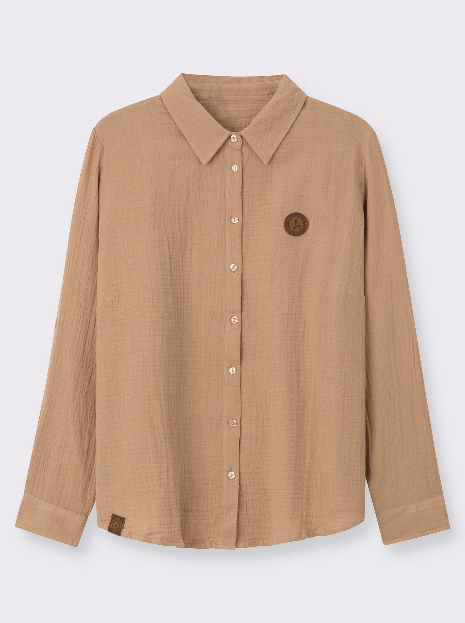 Baumwollbluse mit krempelbaren Ärmeln - camel