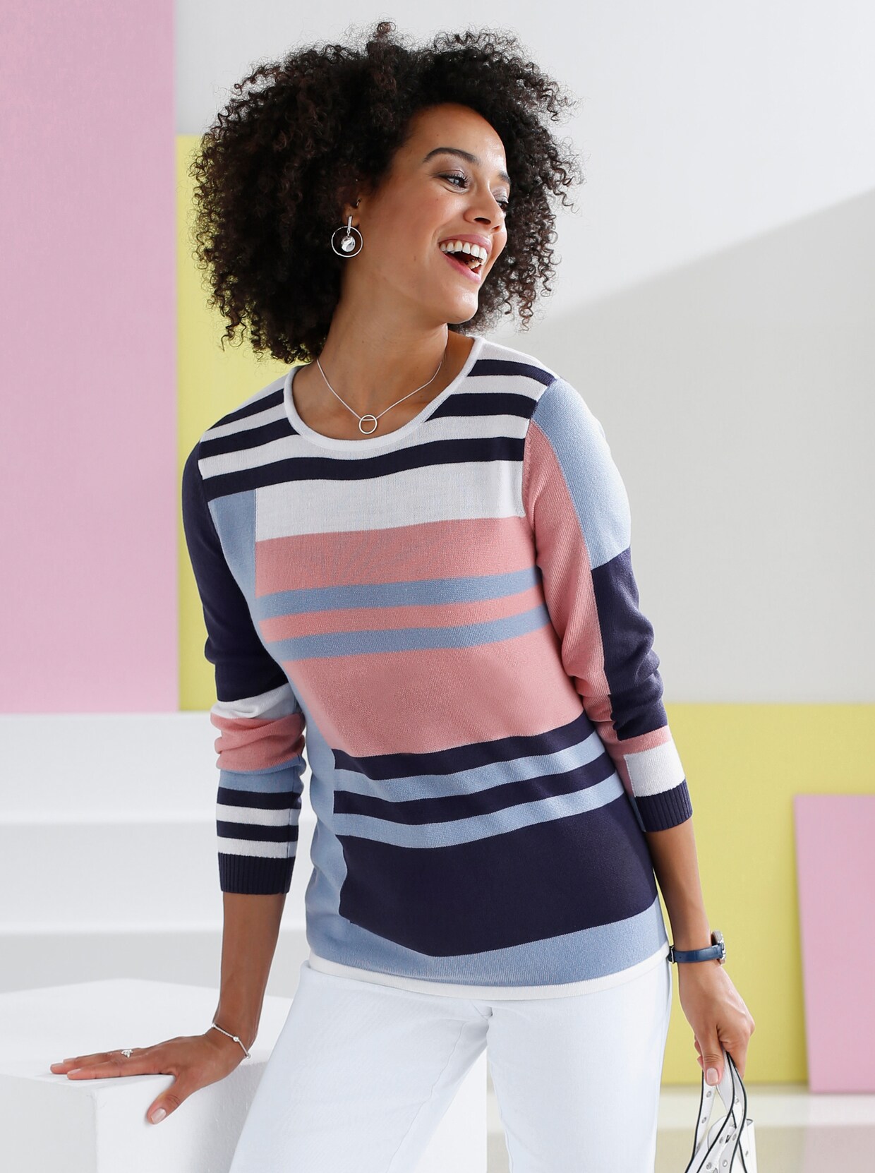 Pullover met ronde hals - nachtblauw/wit