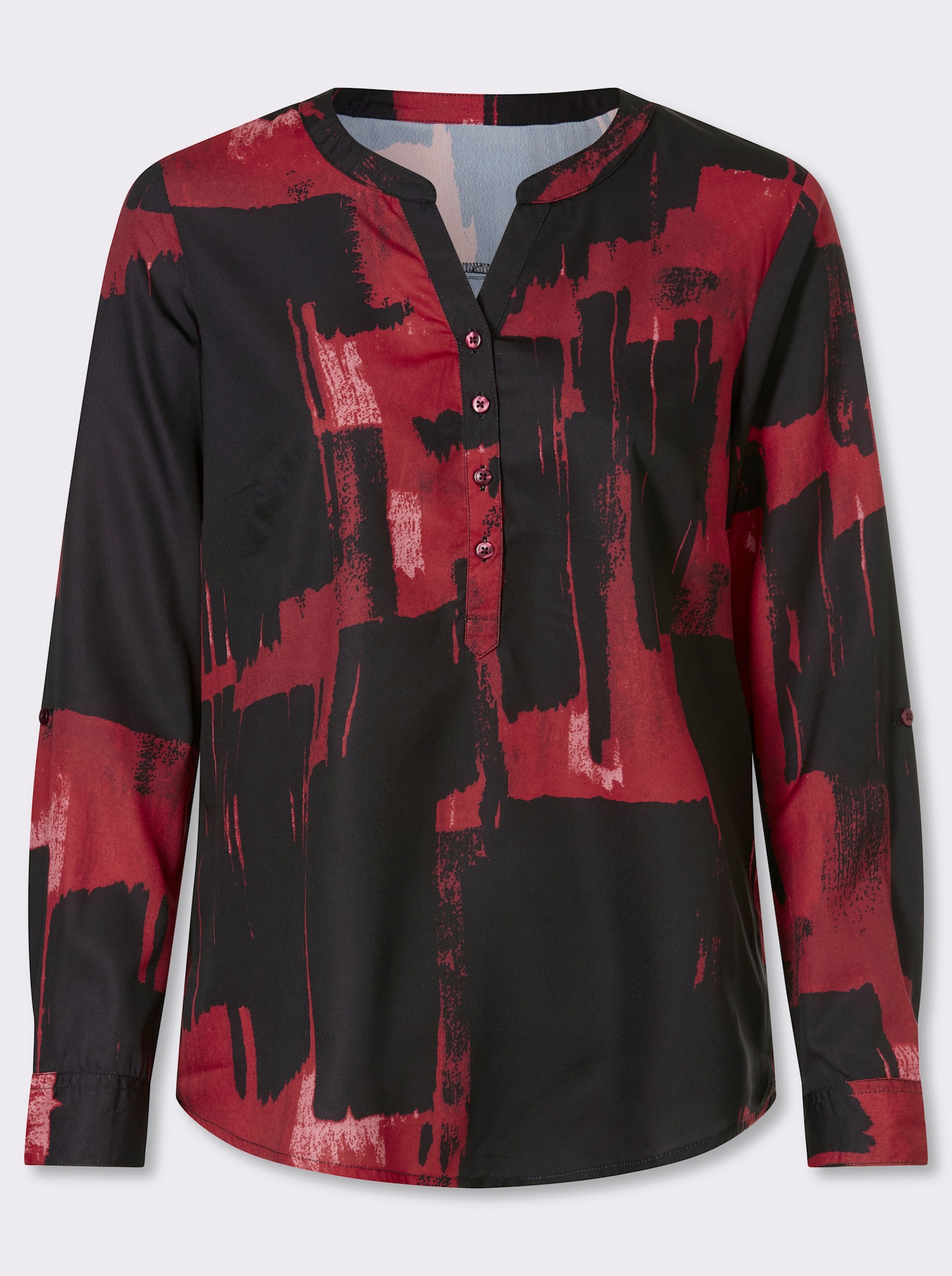 Schlupfbluse im grafischen Dessin - schwarz-rot-bedruckt