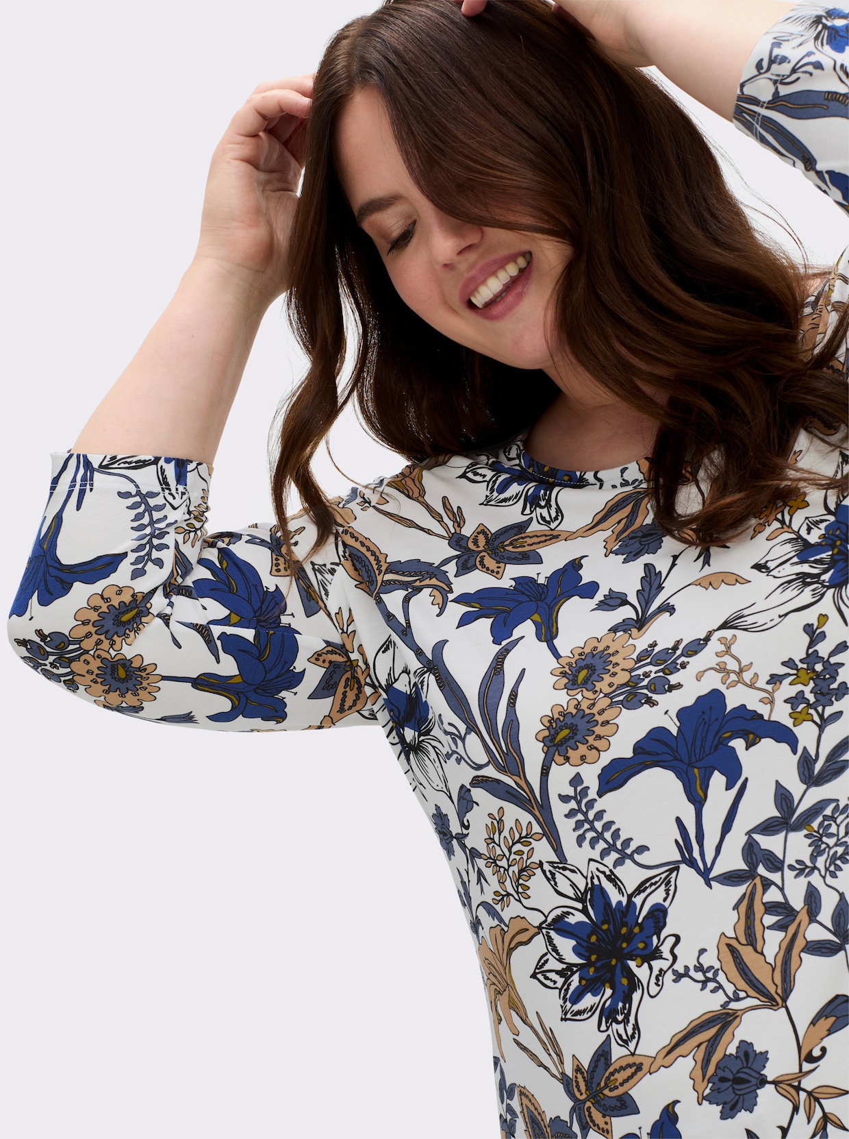 Print-Shirt mit 3/4-Ärmeln - ecru-royalblau-bedruckt