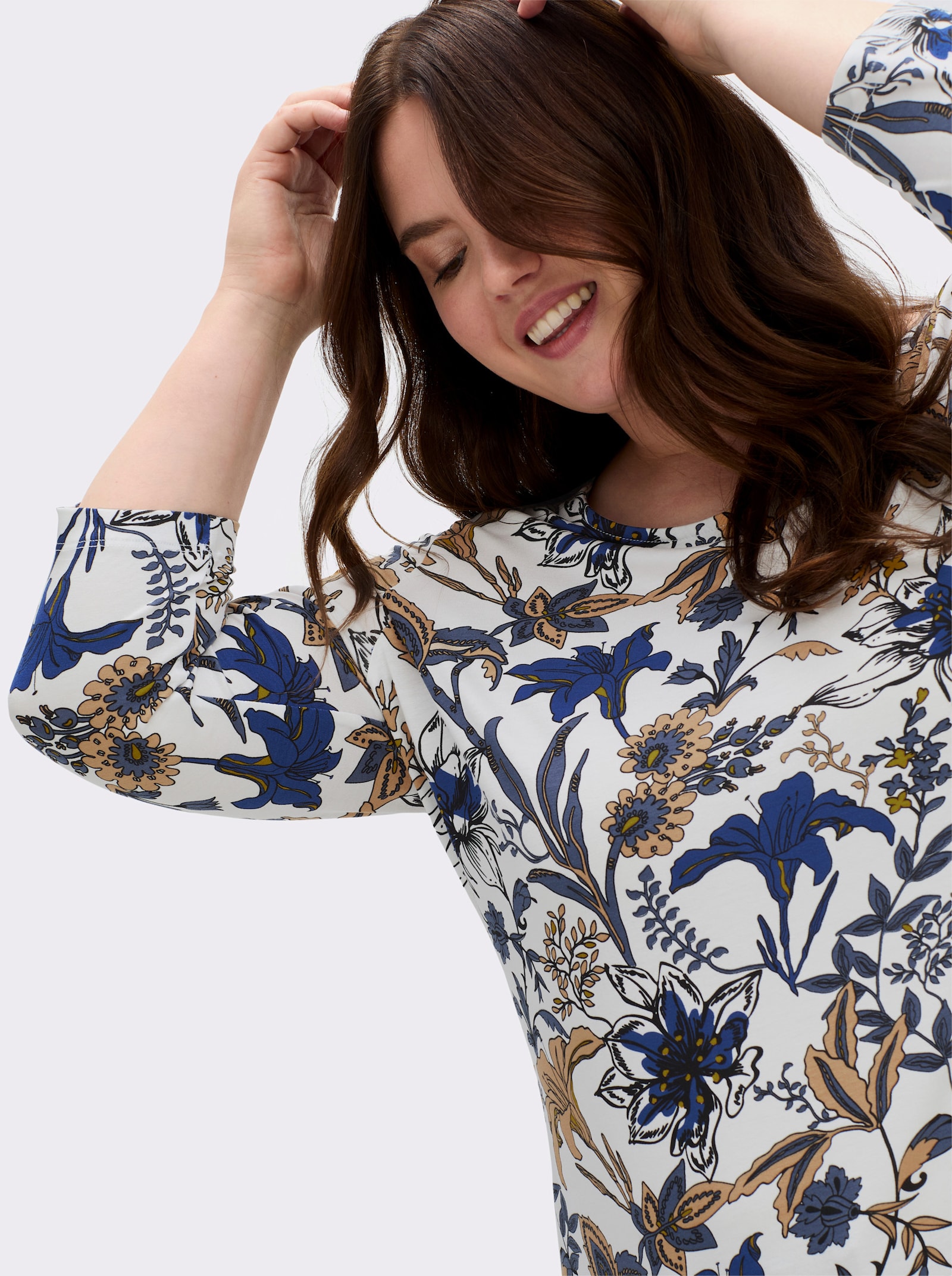 Print-Shirt mit 3/4-Ärmeln - ecru-royalblau-bedruckt