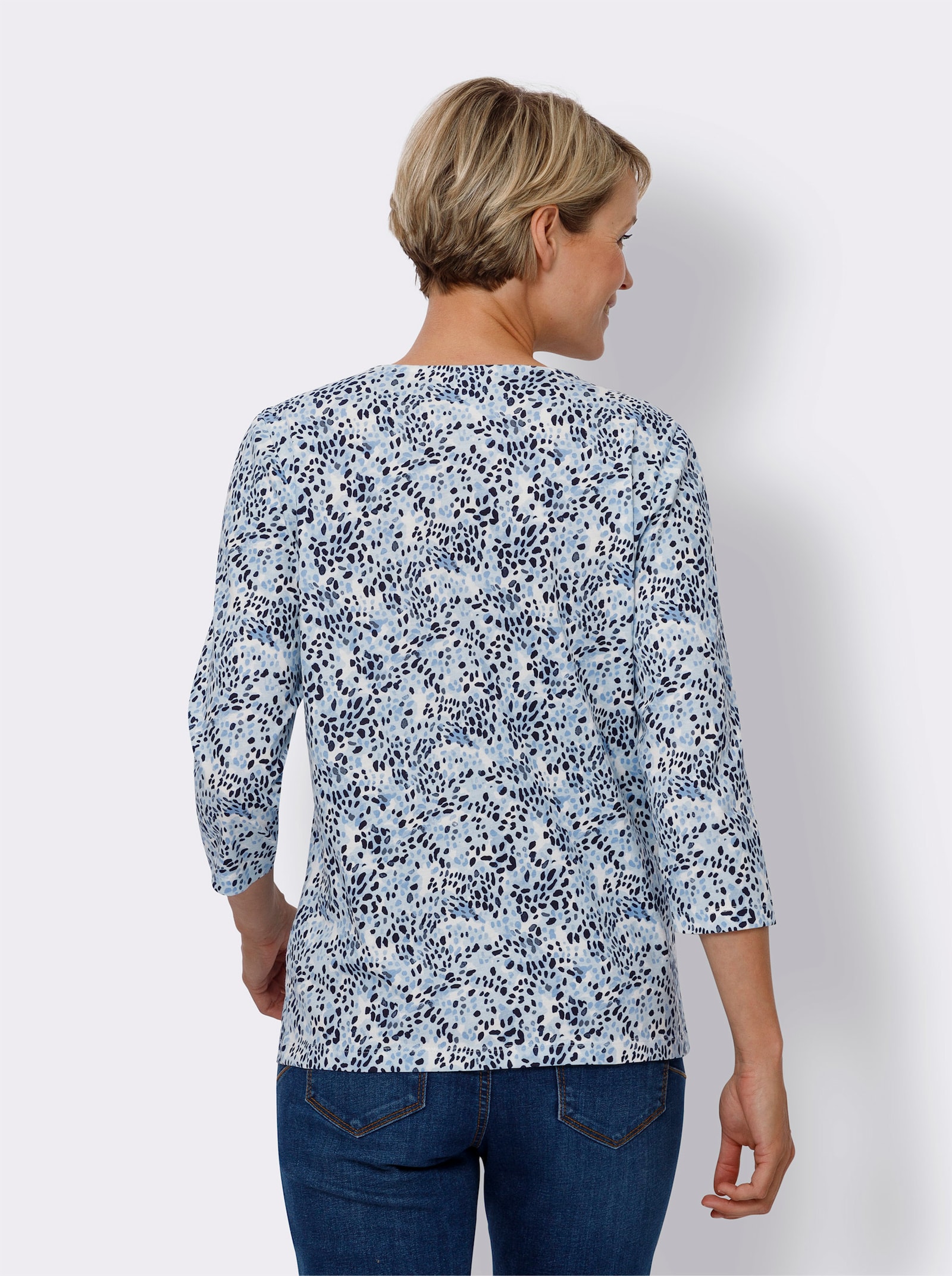 Shirt met 3/4-mouwen van puur katoen - ecru/hemels blauw bedrukt