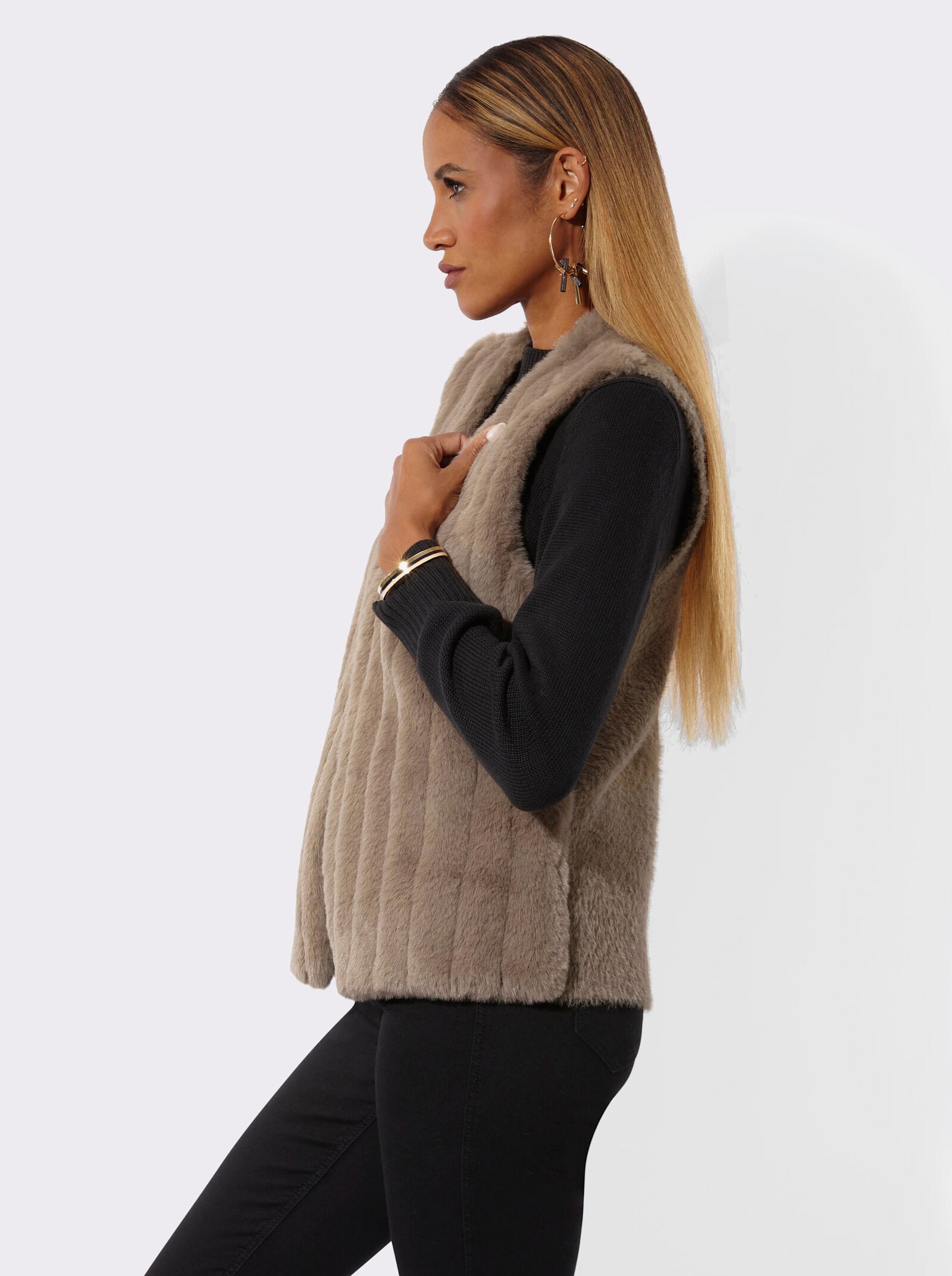 Strickweste mit Fellimitat vorne - dunkeltaupe