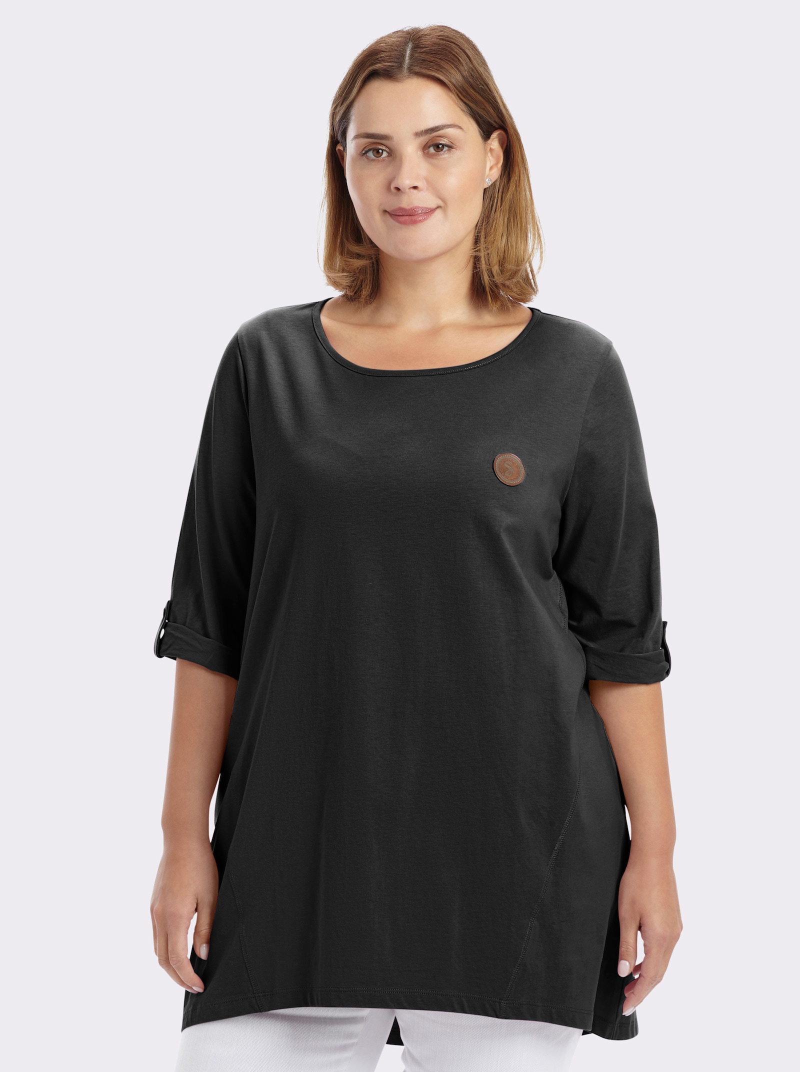 sheego Longshirt in kaschierender A-Linie - schwarz
