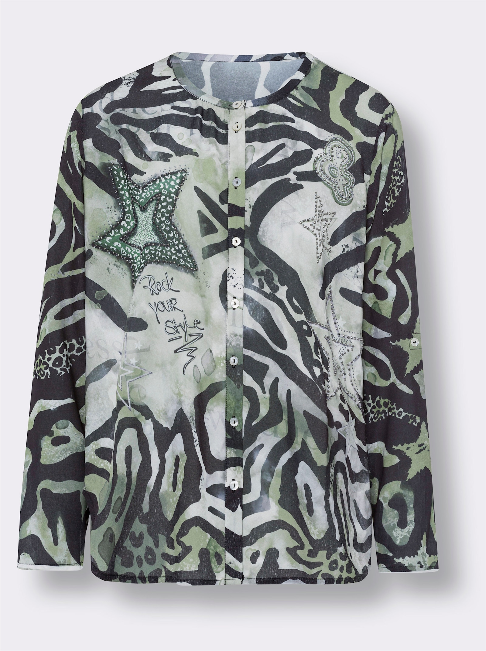 heine Druckbluse mit Krempelärmel - ecru-schilf-bedruckt