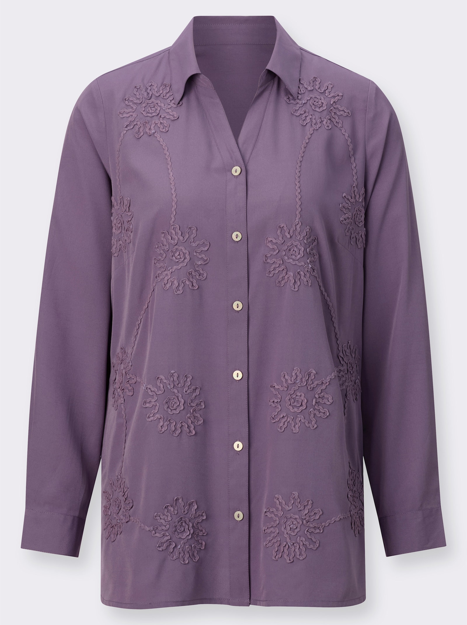 Longbluse mit Blütenstickerei - feige