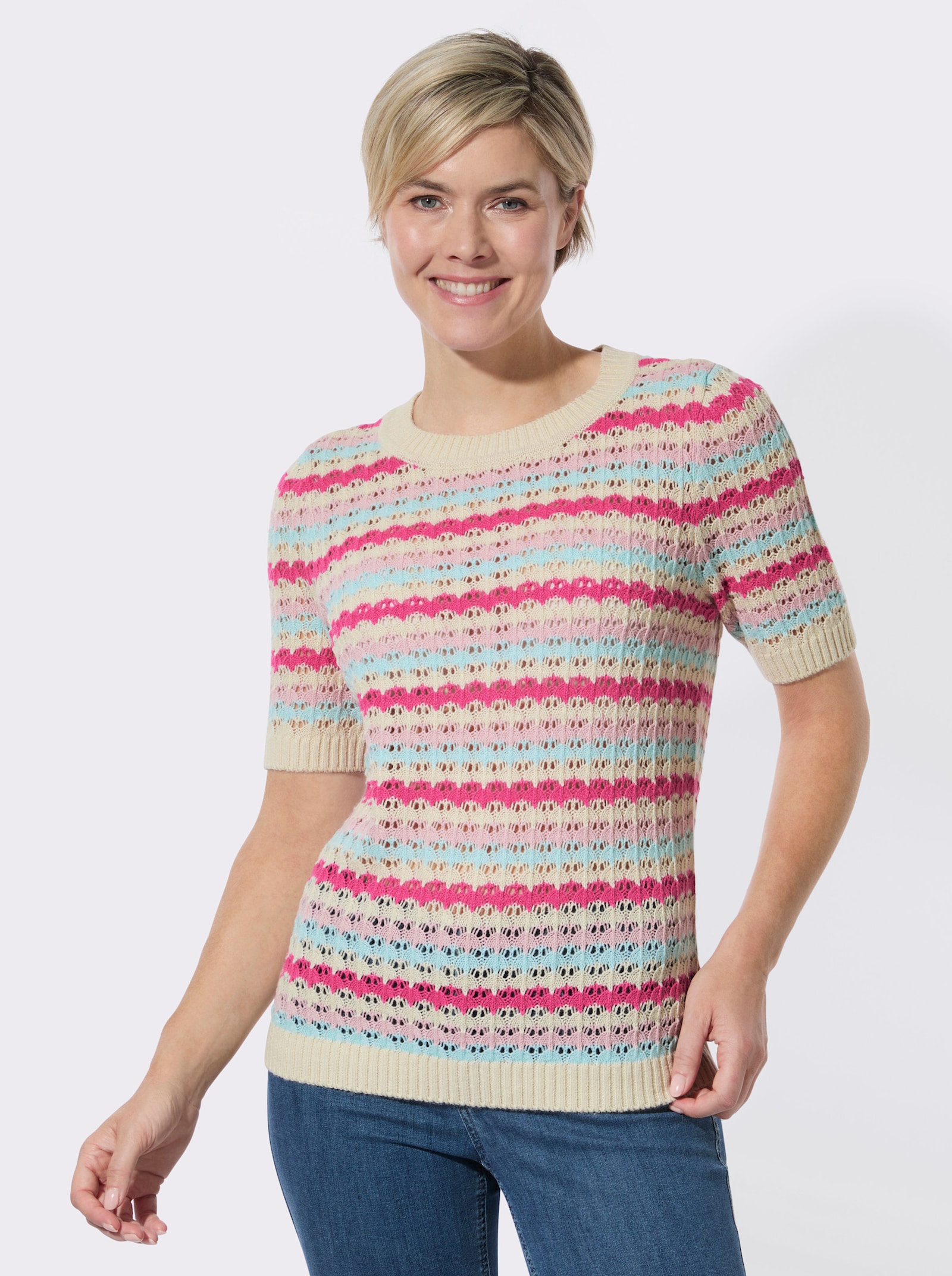 Ajourpullover mit Ringel-Muster - sand-fuchsia-geringelt