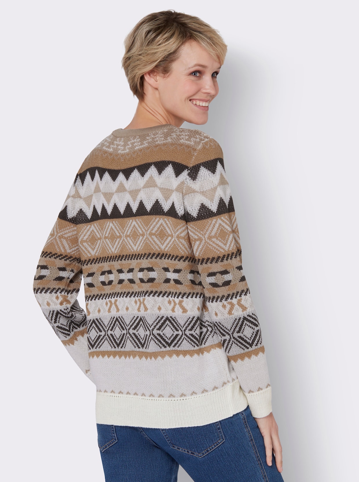 Pullover van jacquard - camel/steengrijs gedessineerd