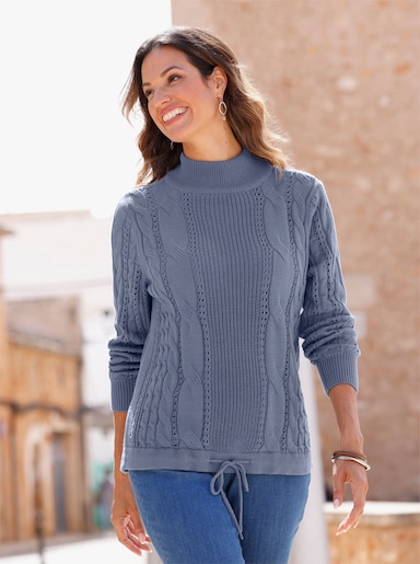 Stehkragenpullover im Strick-Mix - rauchblau