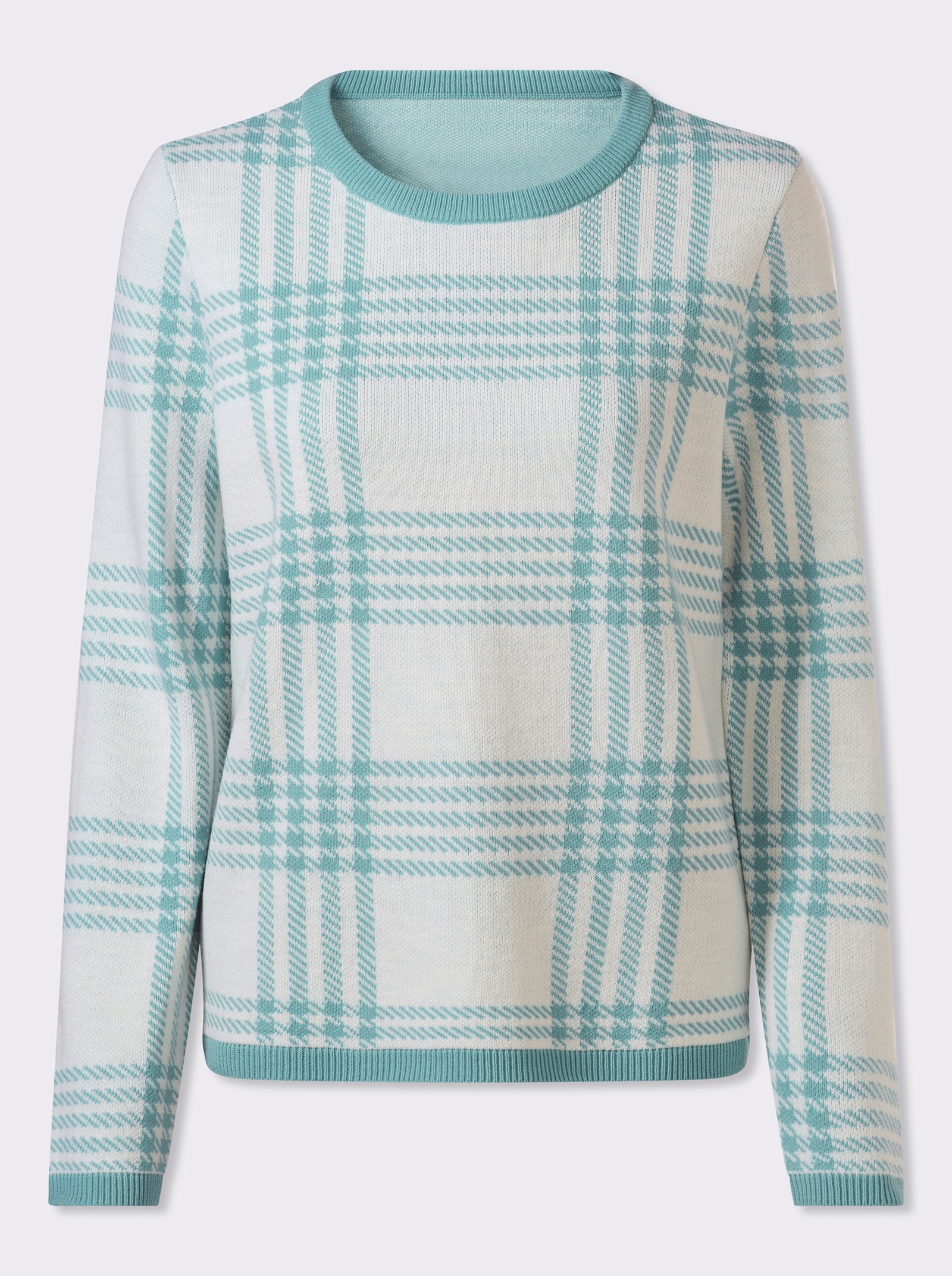 Tröja med rund halsringning i rutig jacquard - ocean-ecru-mönstrad