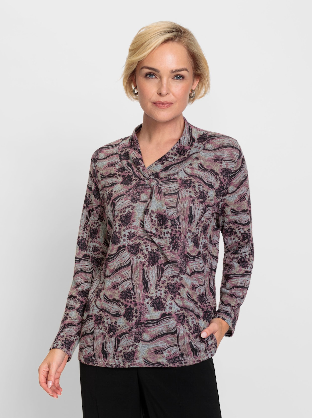 Winter-Shirt - steingrau-aubergine-bedruckt