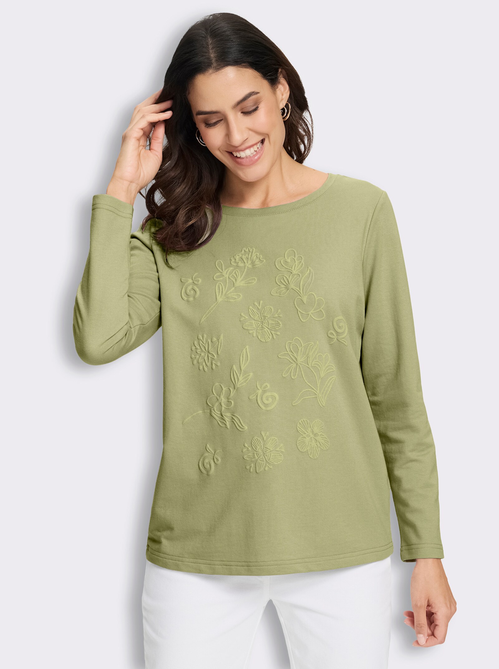 Sweatshirt mit gummiertem Blüten-Druck - lindgrün
