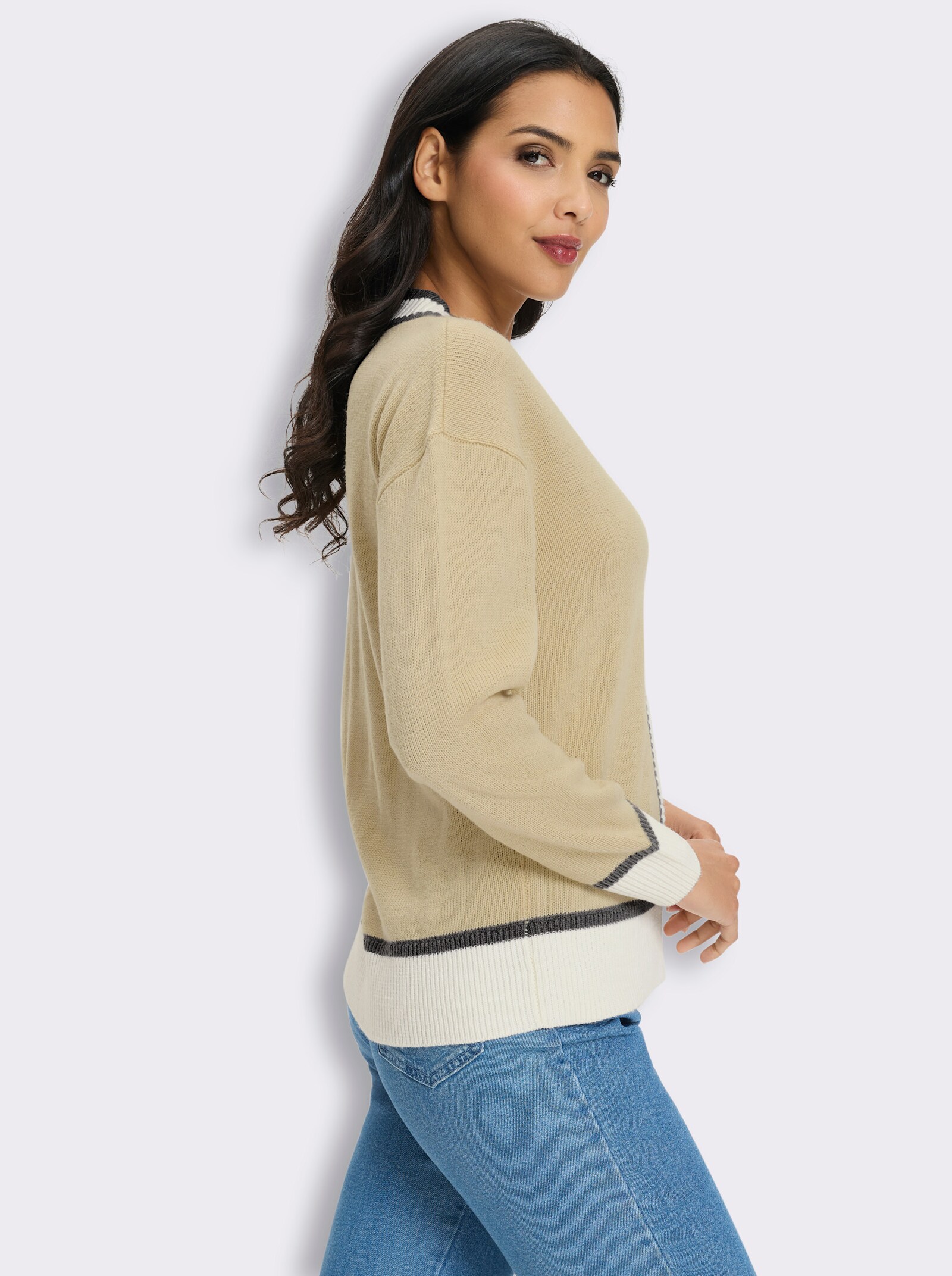 Langarm-Pullover mit Kontrastverarbeitung - sand-ecru