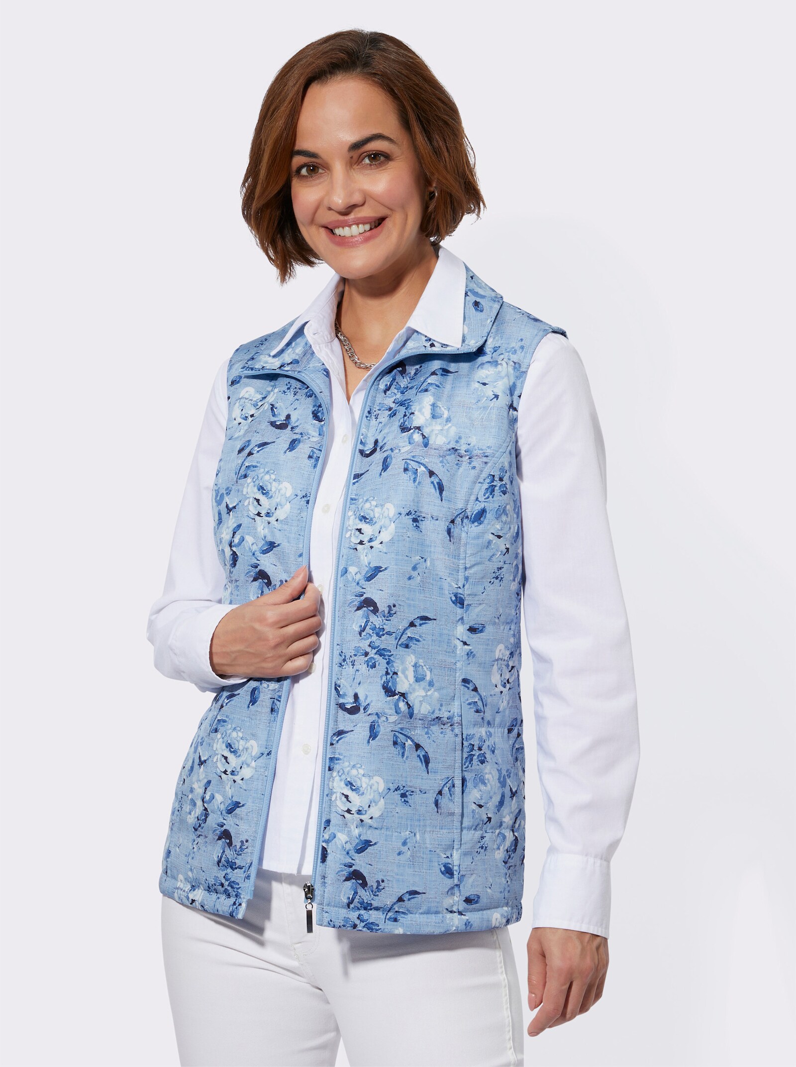 Steppweste mit Blumen-Druck - himmelblau-bedruckt