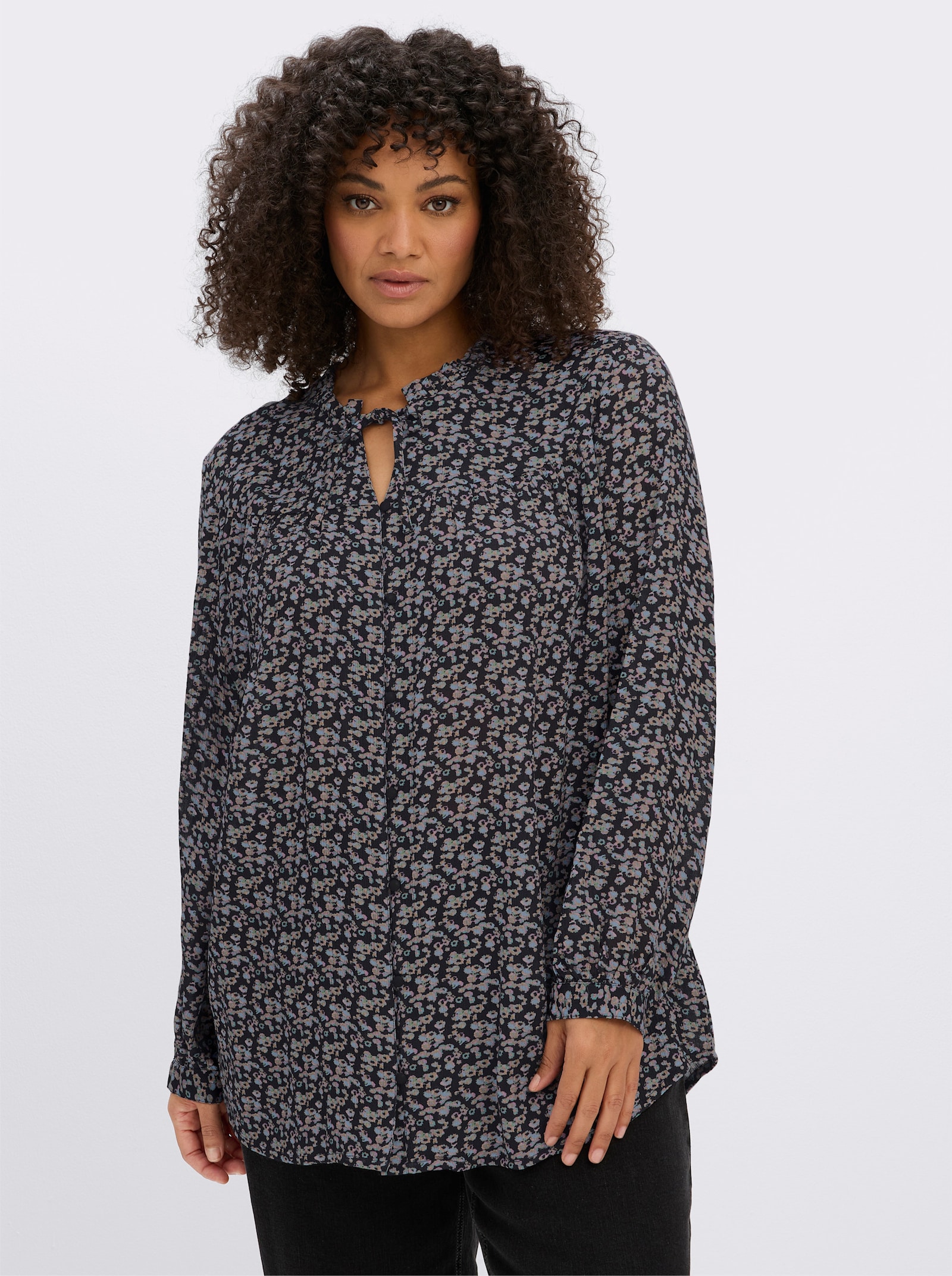 sheego Crêpebluse mit floralem Minimalprint - tiefblau-orchidee-bedruckt