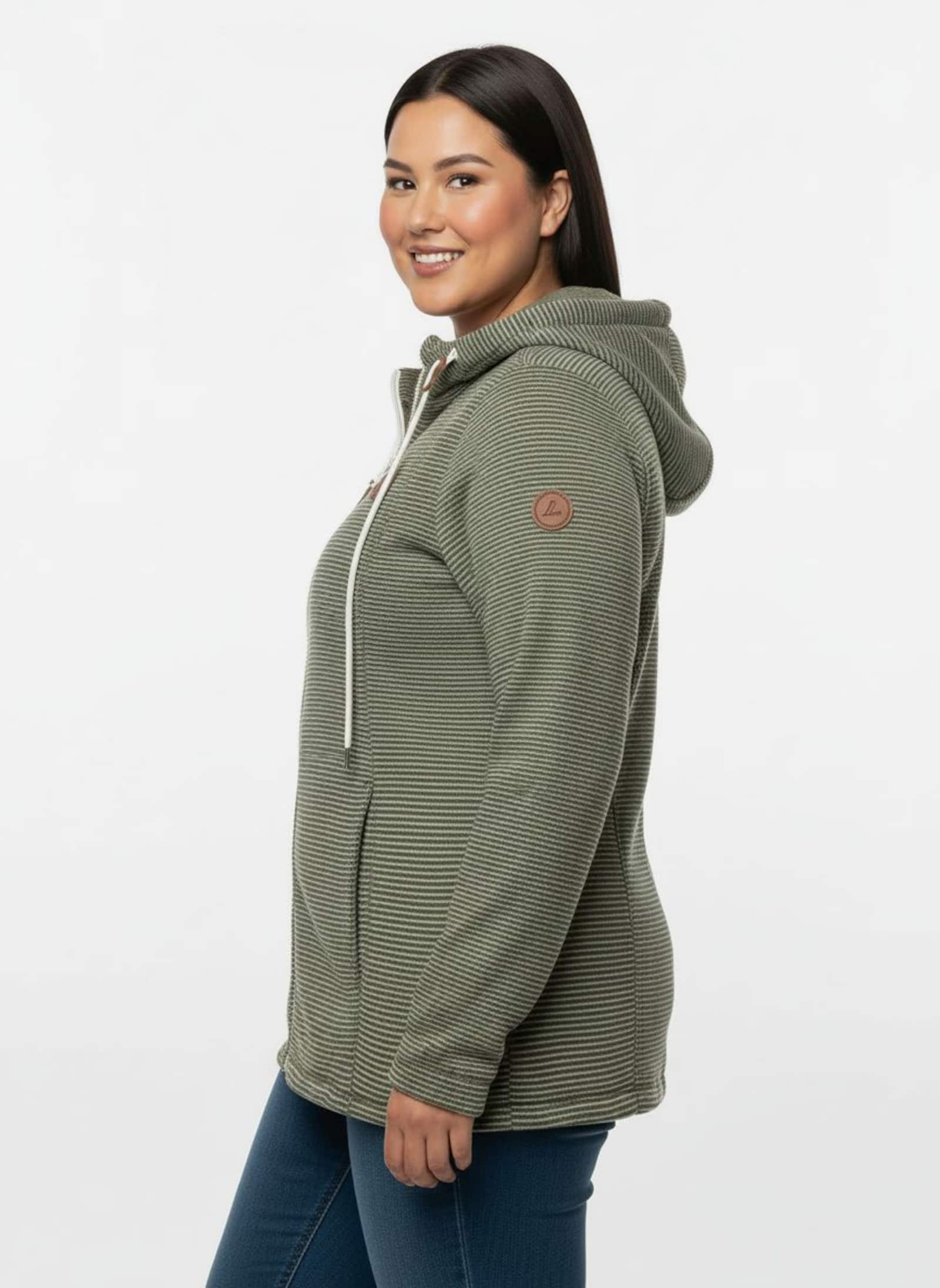 Fleecejacke mit Nahttaschen - oliv-ecru-geringelt