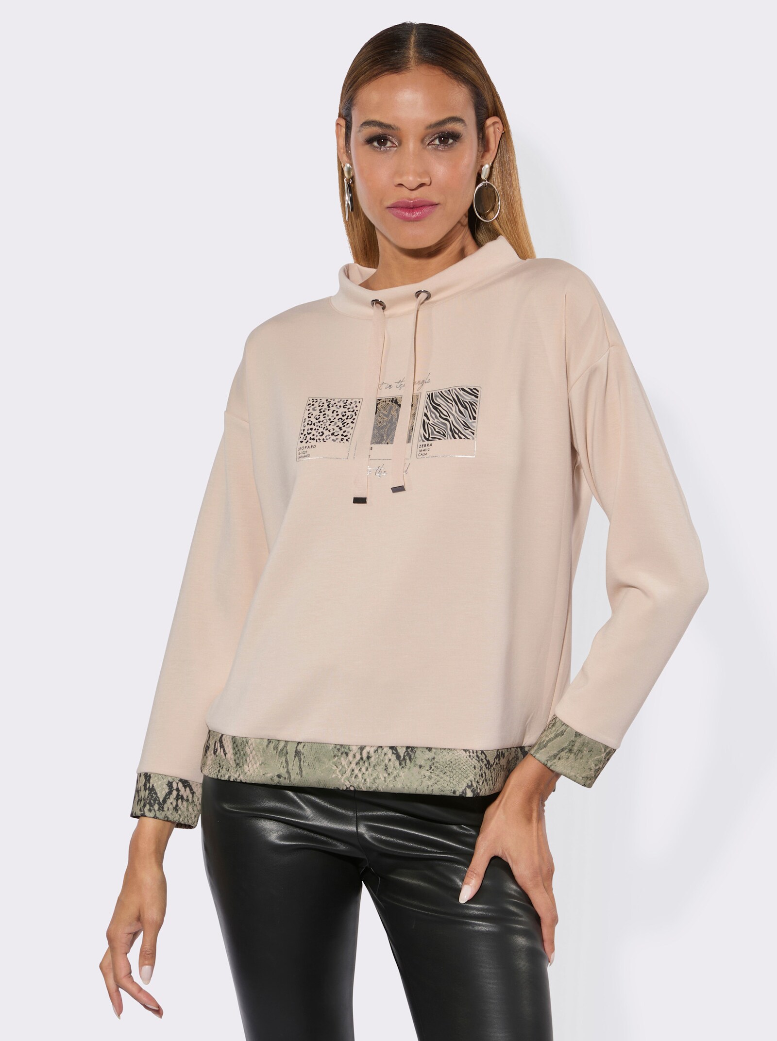 Sweatshirt mit halsfernem Stehkragen - elfenbein-graphit-bedruckt