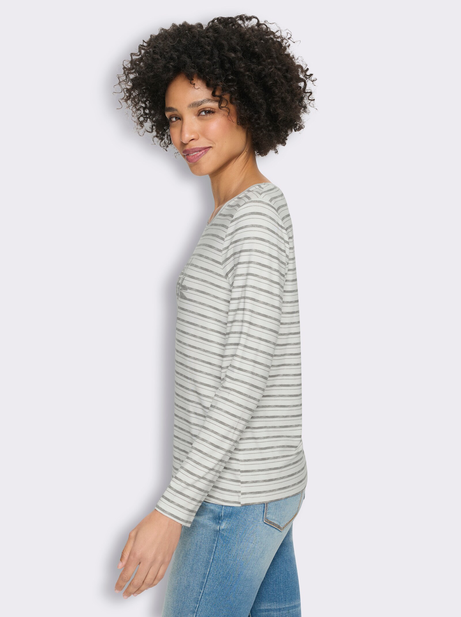 heine Langarmshirt mit Ringel- und Blüten-Print - grau-ecru-geringelt