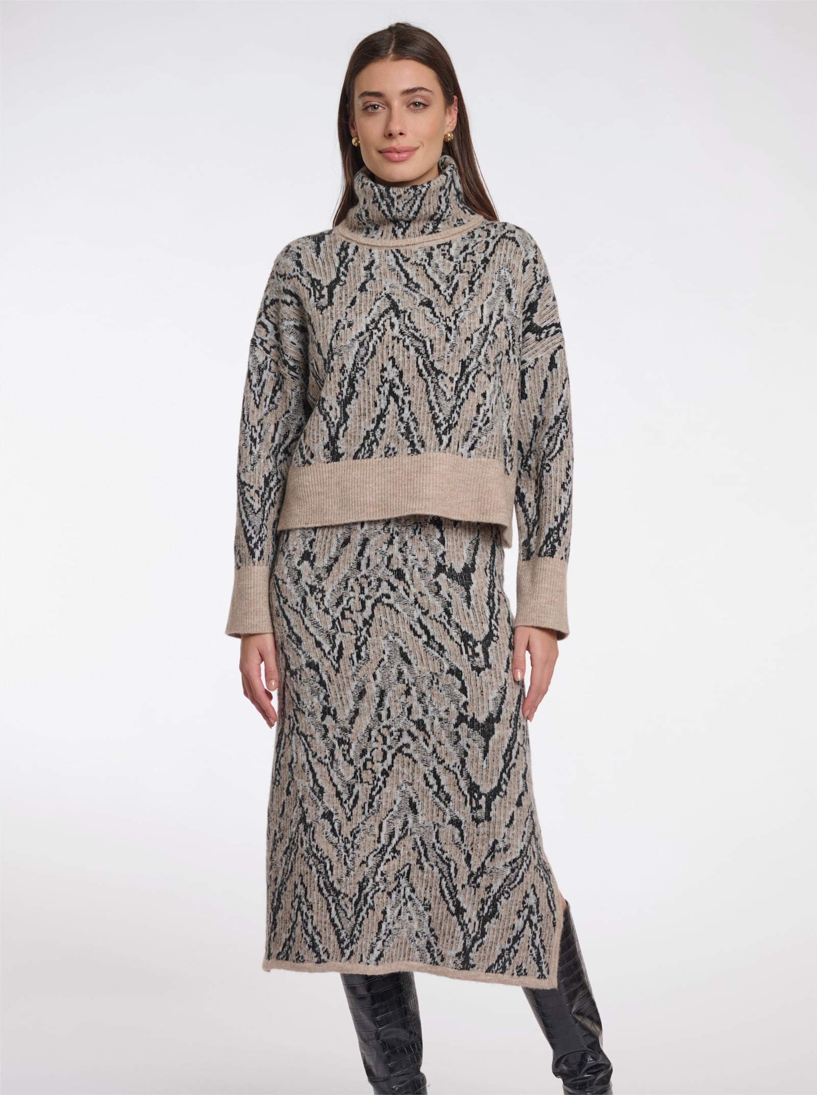 Rino & Pelle Jacquardpullover mit Rollkragen - schwarz-sand-gemustert