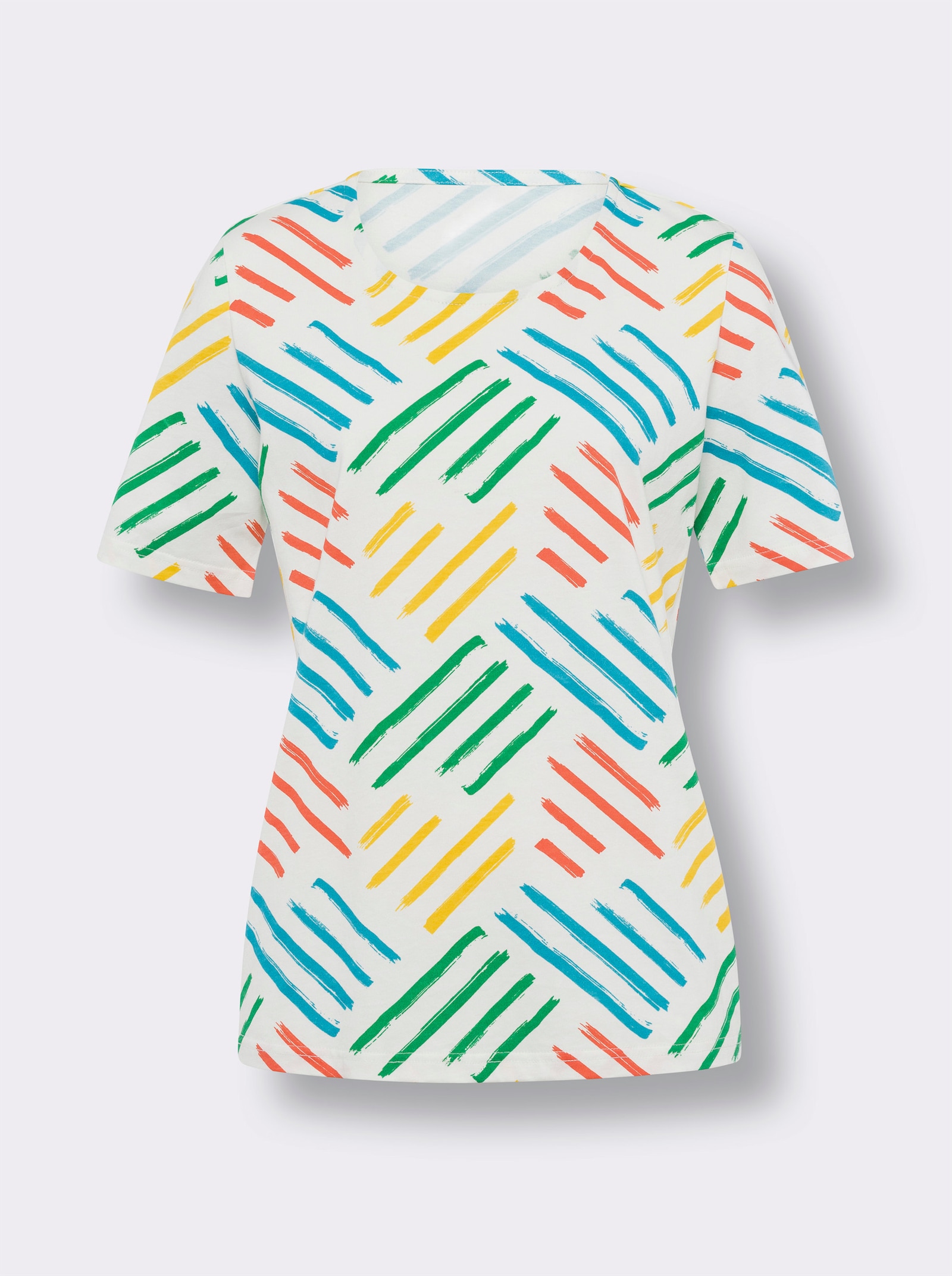 Kurzarmshirt mit Linien-Druck - ecru-türkis-bedruckt