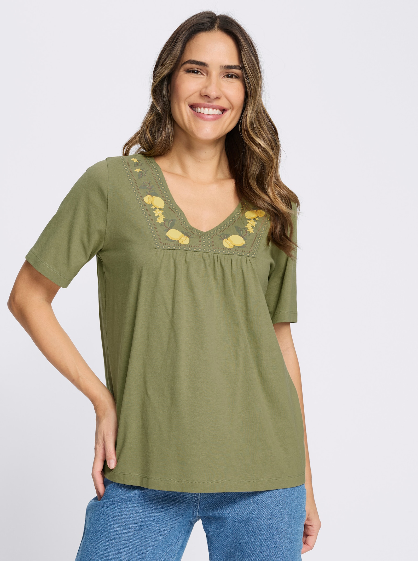 Kurzarmshirt mit Zitronen-Print am Ausschnitt - schilf-gelb