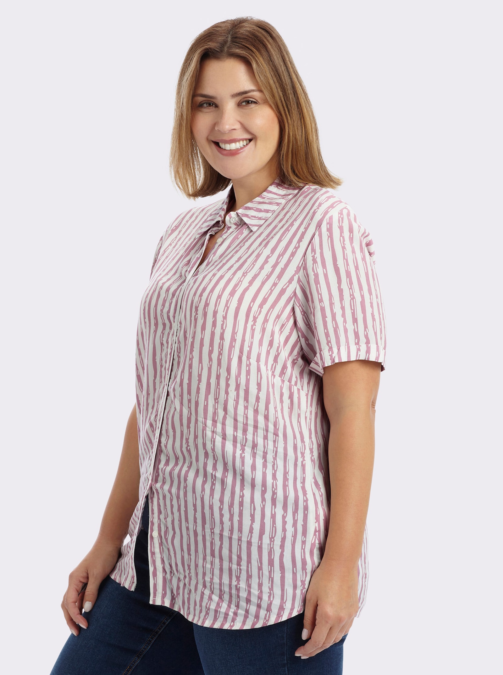 Gestreifte Bluse mit kurzen Ärmeln - altrosa-ecru-gestreift