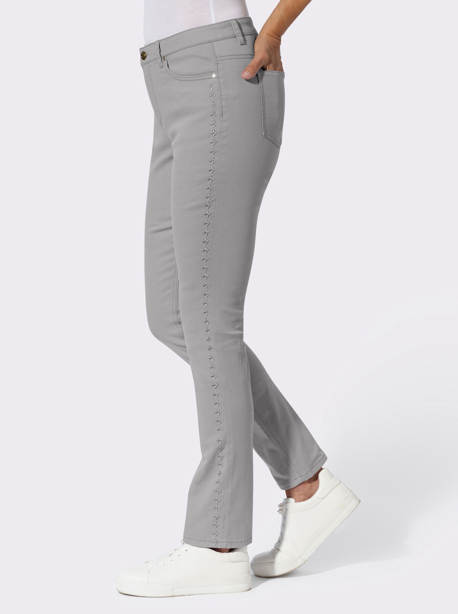 Jeans mit Stickerei an den Seitennähten - steingrau