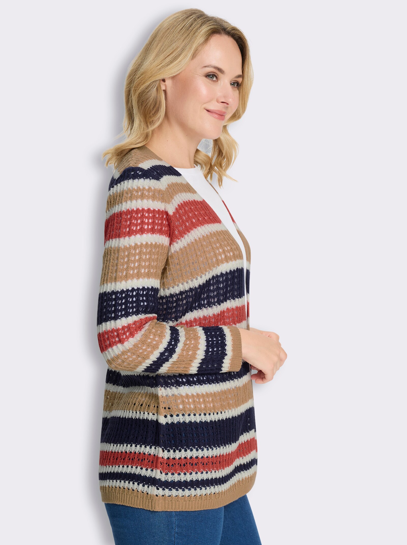 Longstrickjacke mit Ajour-Muster und Streifen - camel-ecru-gemustert