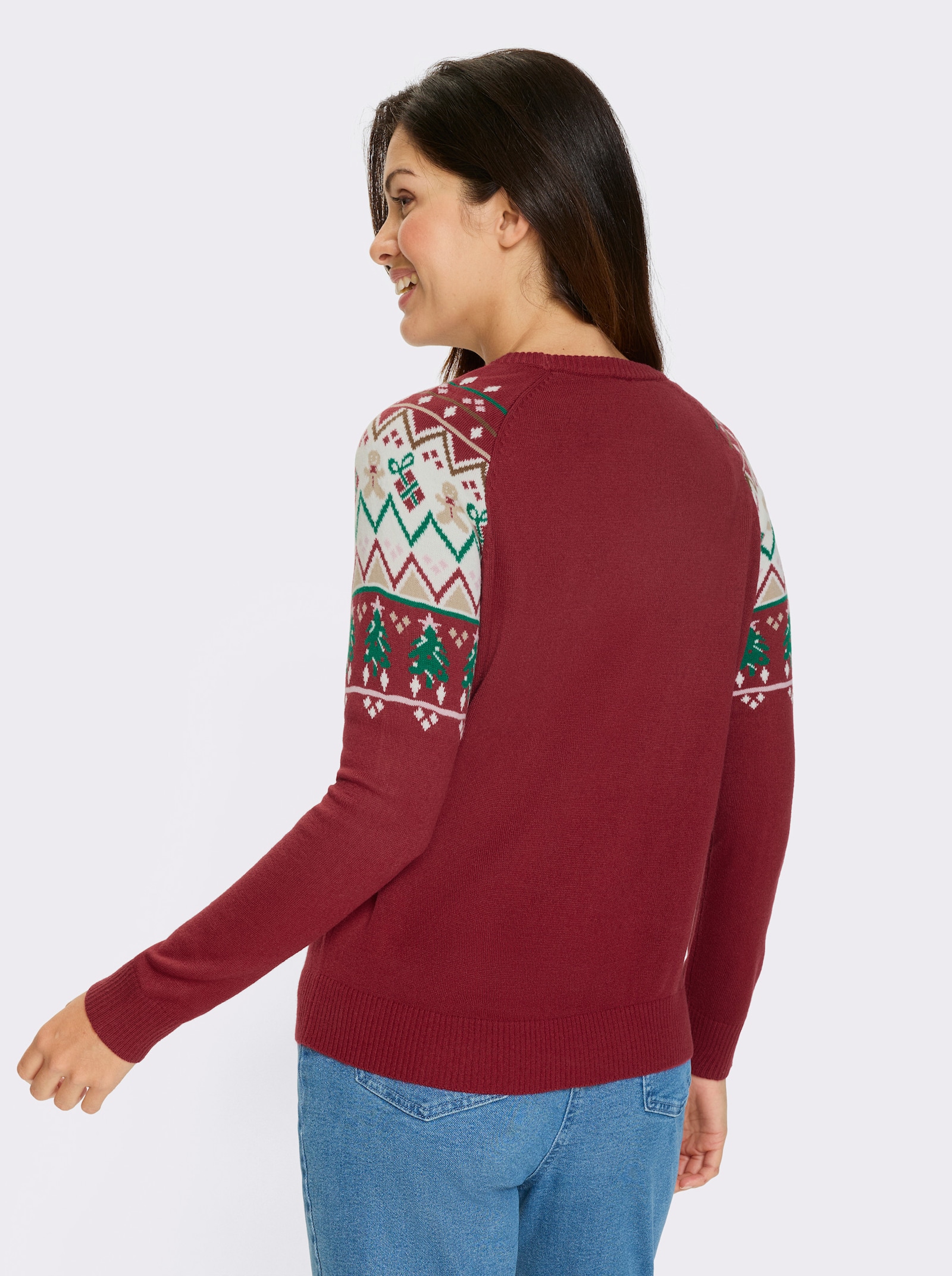 Pulóver, dlhé rukávy, vianočný nórsky vzor - Červená-šampanská