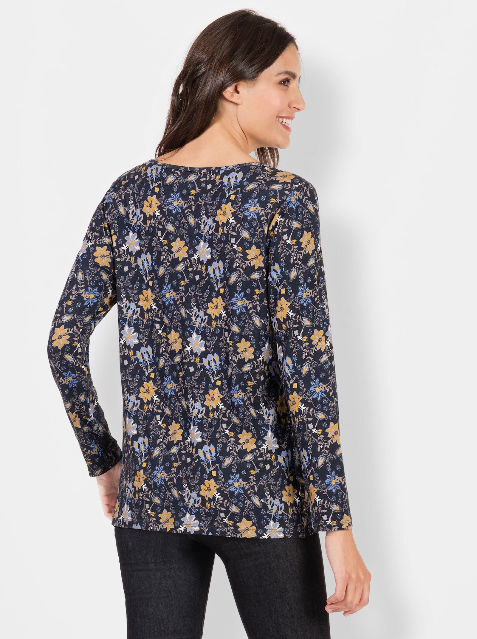Shirt met print van viscose-stretch - marine/oker bedrukt