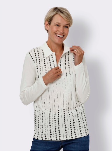 Langarm-Poloshirt - ecru-graphit-bedruckt