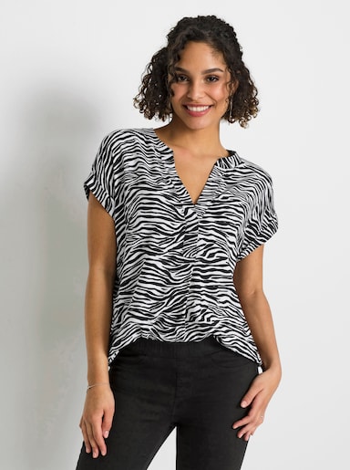Schlupf-Bluse mit überschnittenen Schultern - schwarz-weiß-bedruckt