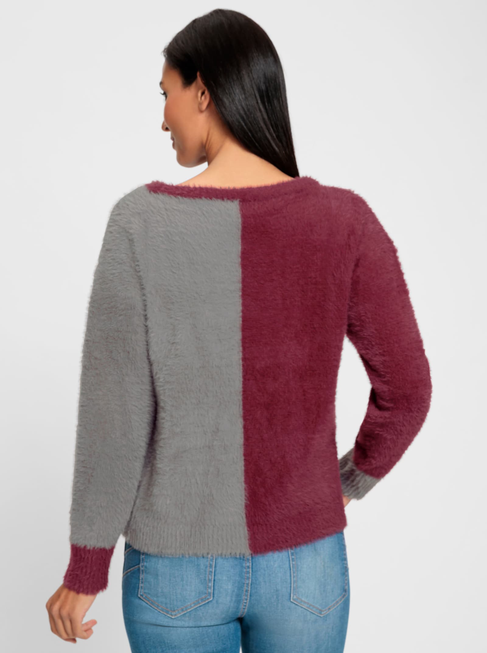 heine Rundhalspullover mit Colour-Blocking - bordeaux-grau-gemustert