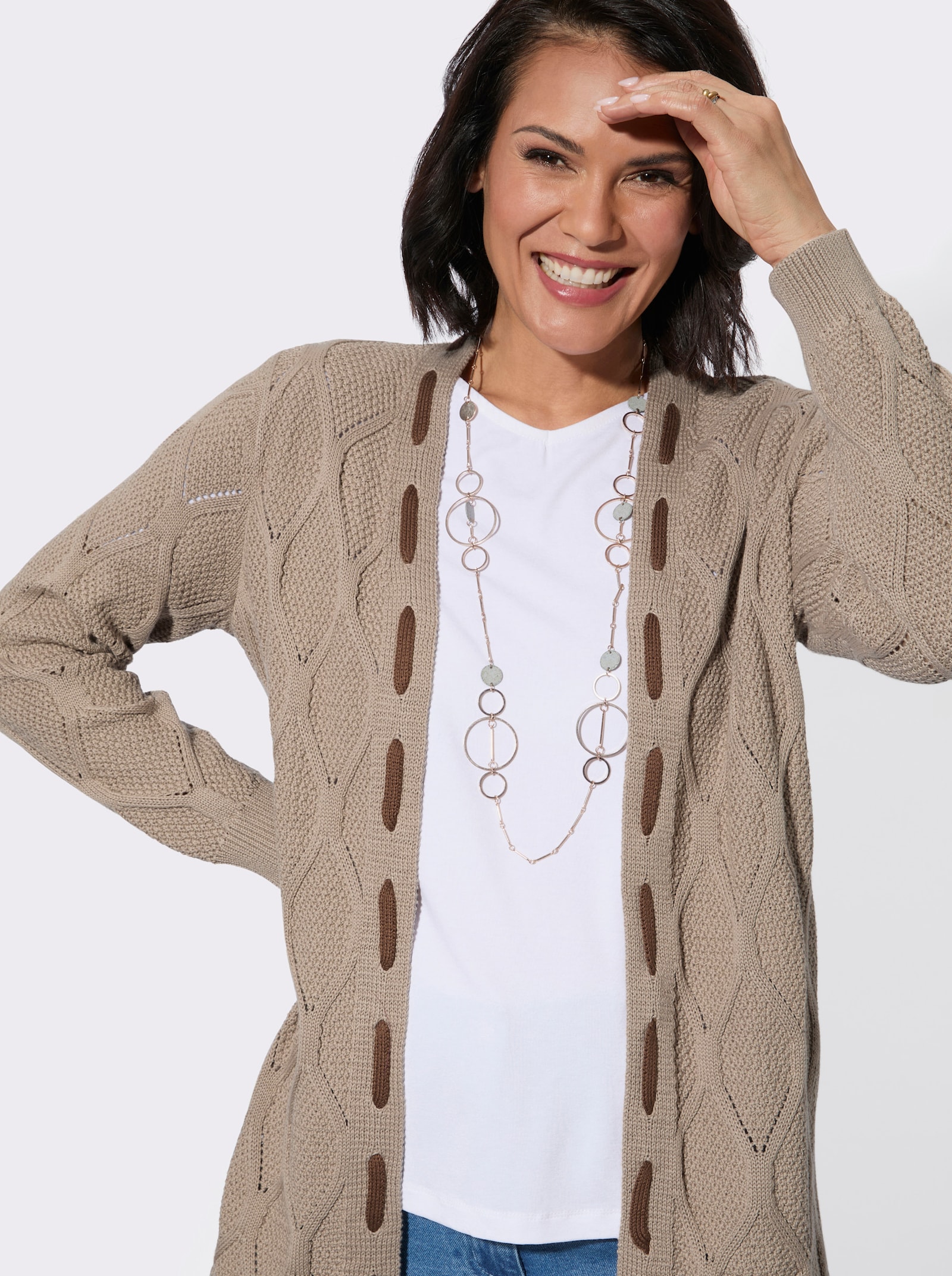 Longstrickjacke mit kontrastfarbigen Details - sesam