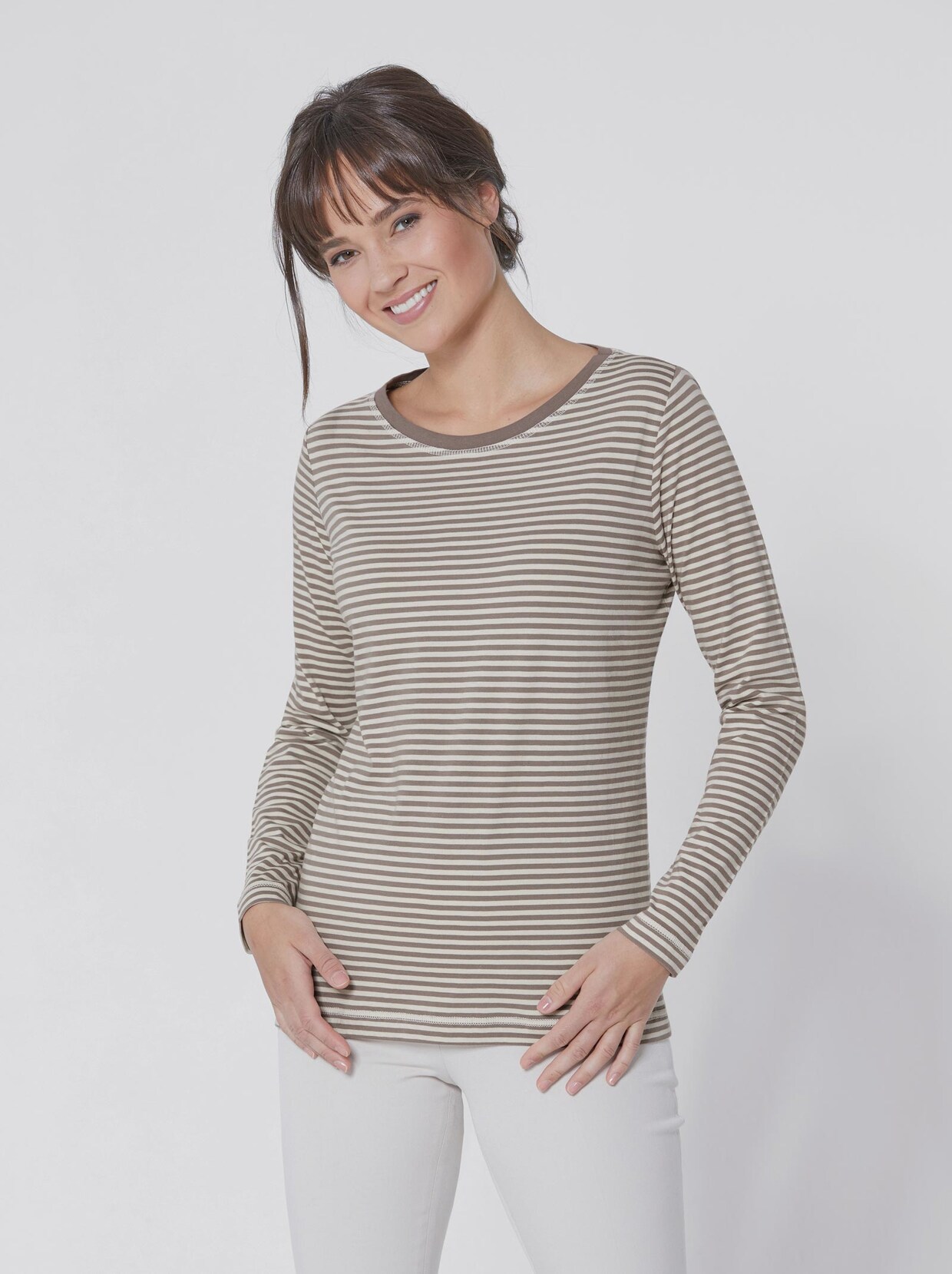 Creation L Premium Pima-Baumwoll-Shirt - taupe-ecru-geringelt