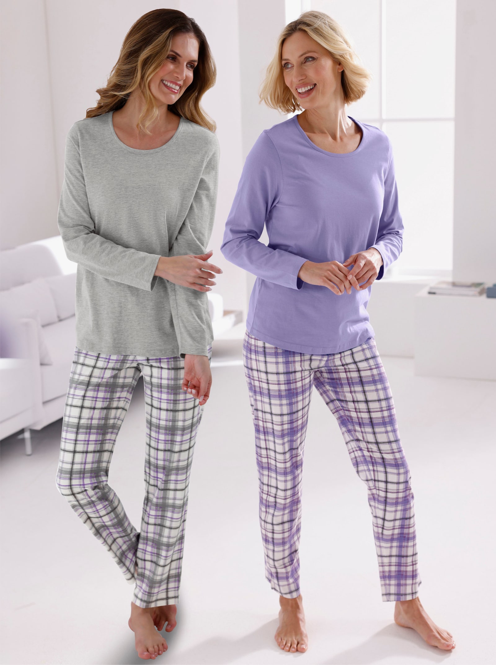 wäschepur Schlafanzüge mit karierten Hosen - grau-meliert-bedruckt + lavendel-bedruckt